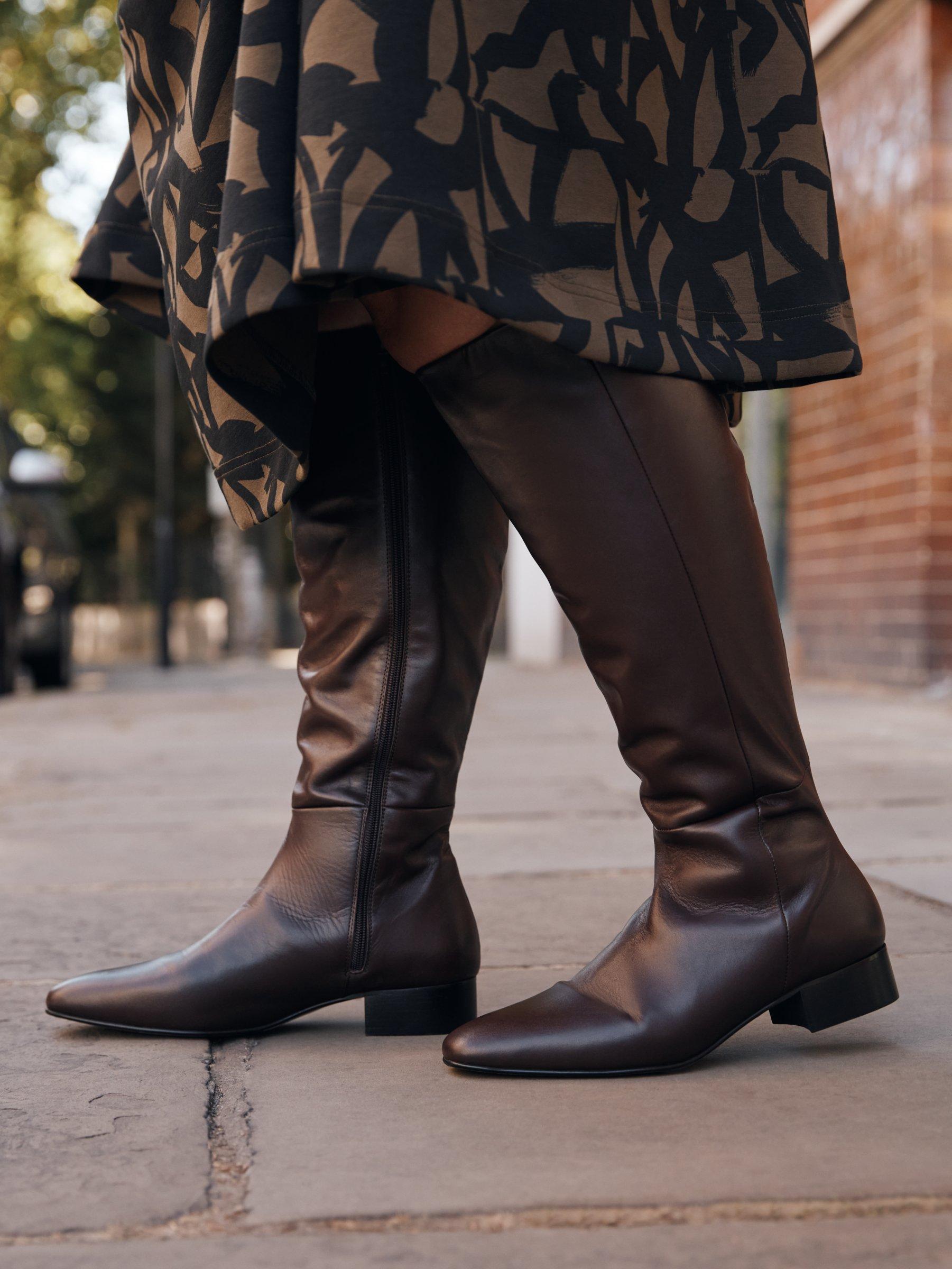 John Lewis + Erica Davies Vienna Leather Wide Calf Dress Knee High Boots, Chocolate