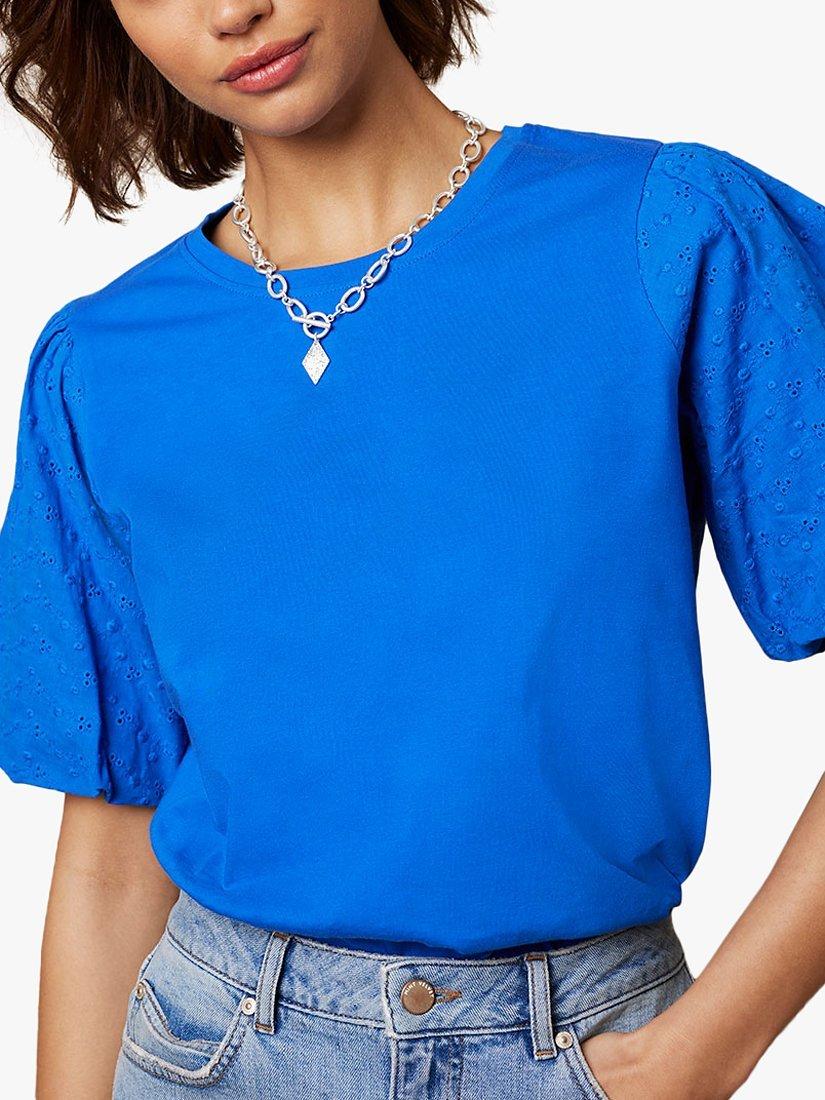 Mint Velvet Broderie Puff Sleeve T-Shirt, Blue, M