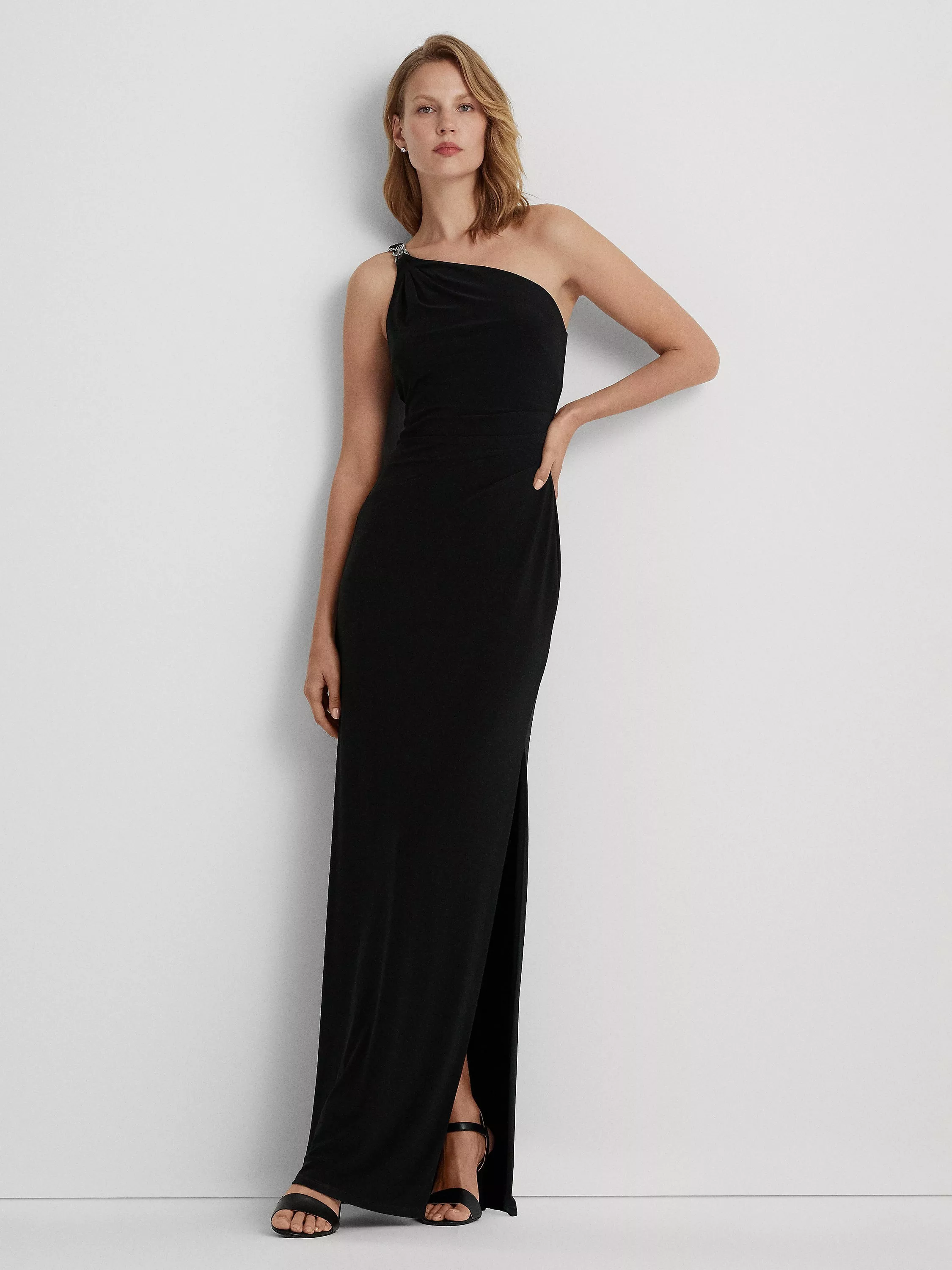 Ralph Lauren Black Jersey offers One-shoulder overlay side ruched cocktail dress sz 14