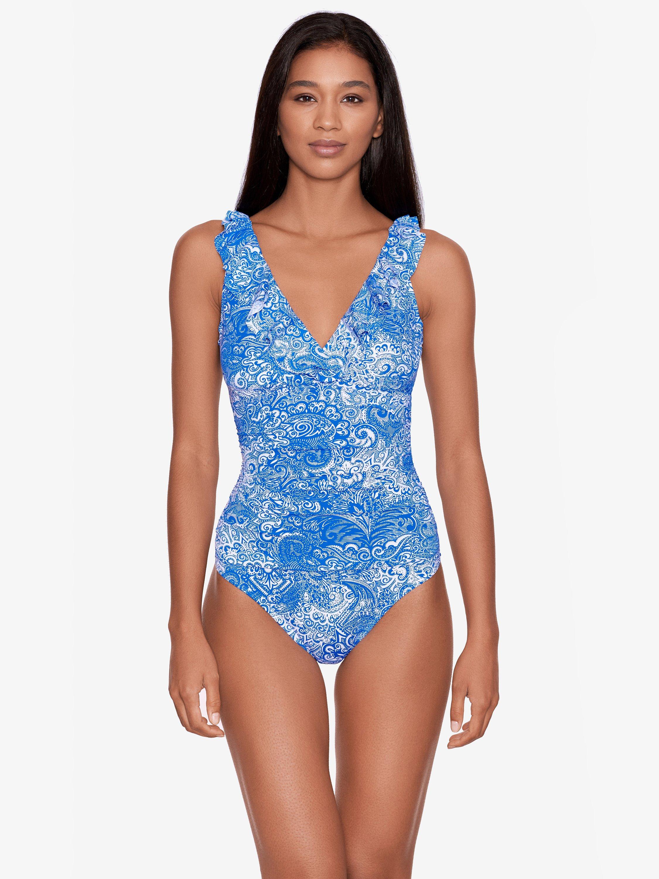 Lauren Ralph Lauren Paisley Print Ruffle Underwired Swimsuit, Royal Blue/White