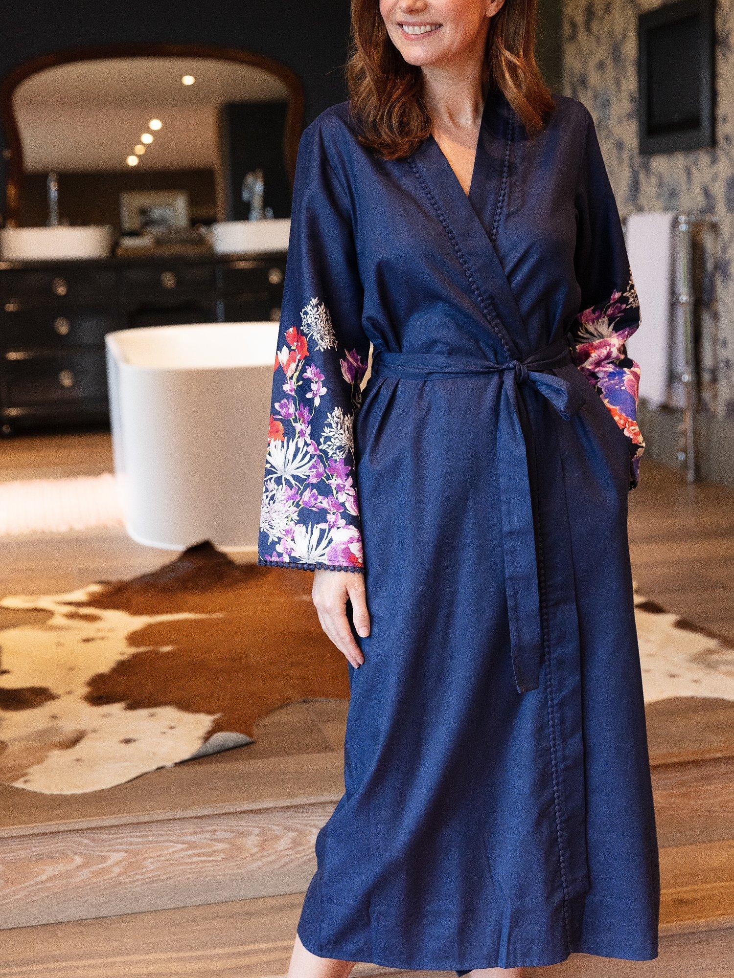 Product image 4 of 4, which shows Nora Rose by Cyberjammies Jenna Floral Border Sleeve Robe, Navy/Multi, 8