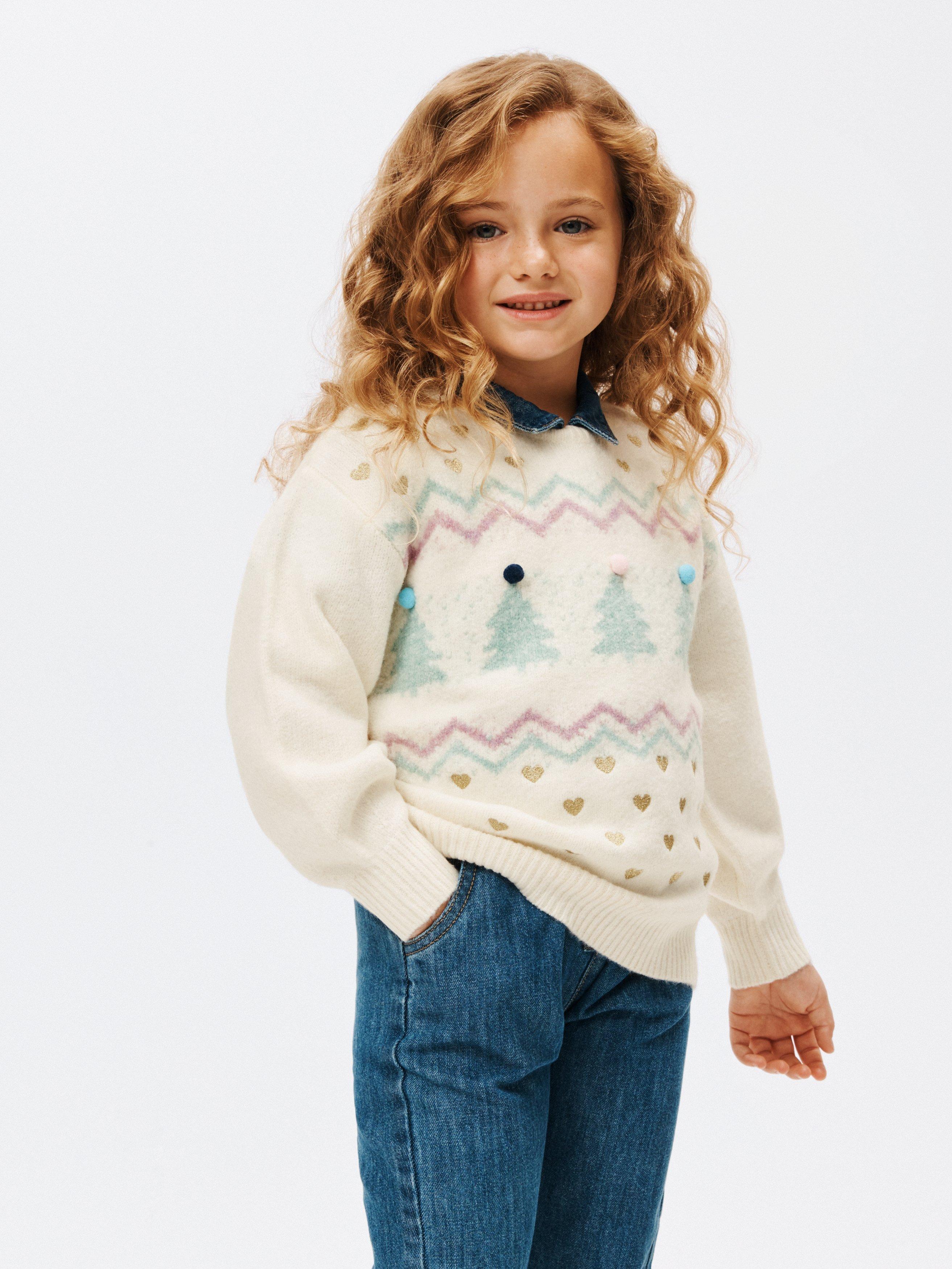 John Lewis Kids' Bobble Christmas Trees Jumper, Neutral
