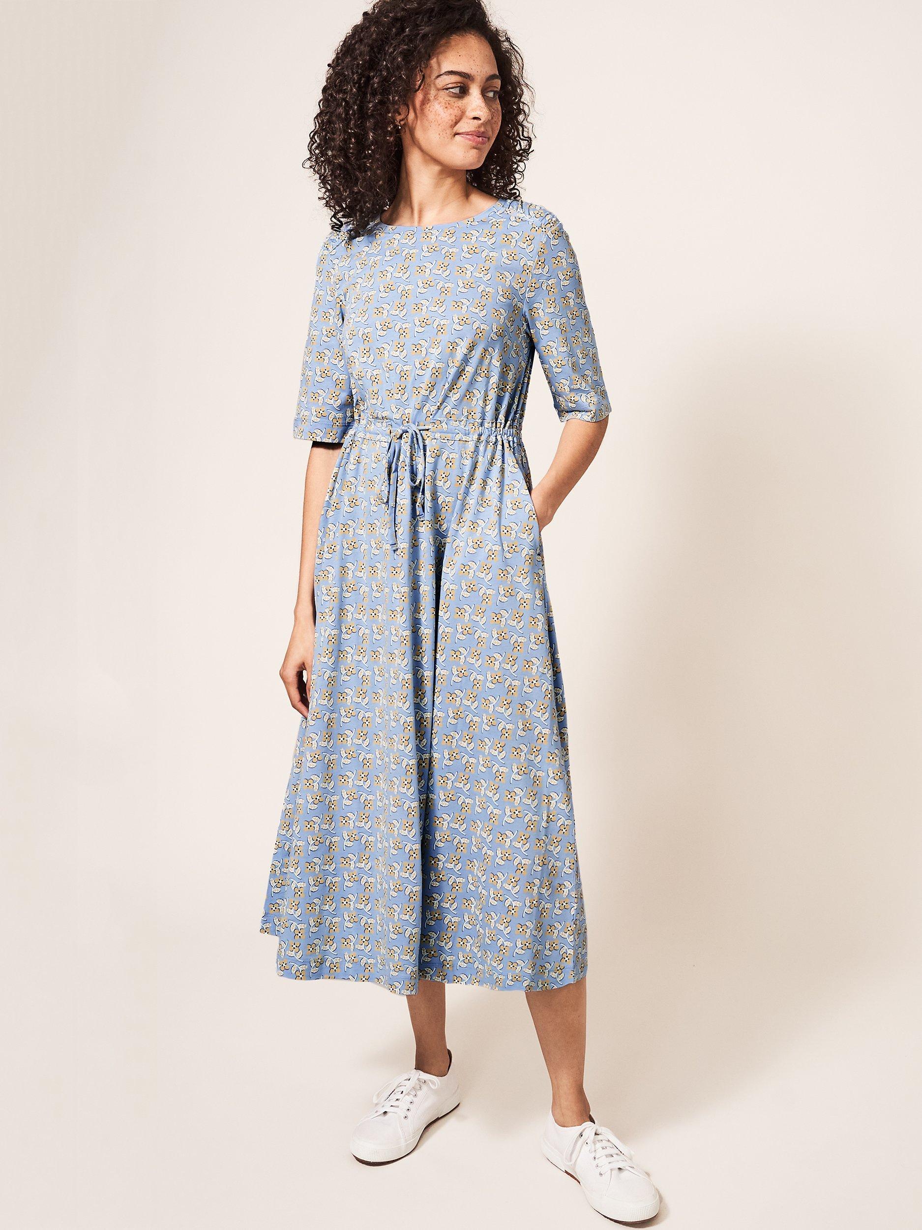 White Stuff Nuelle Jersey Floral Print Midi Dress, Blue/Multi