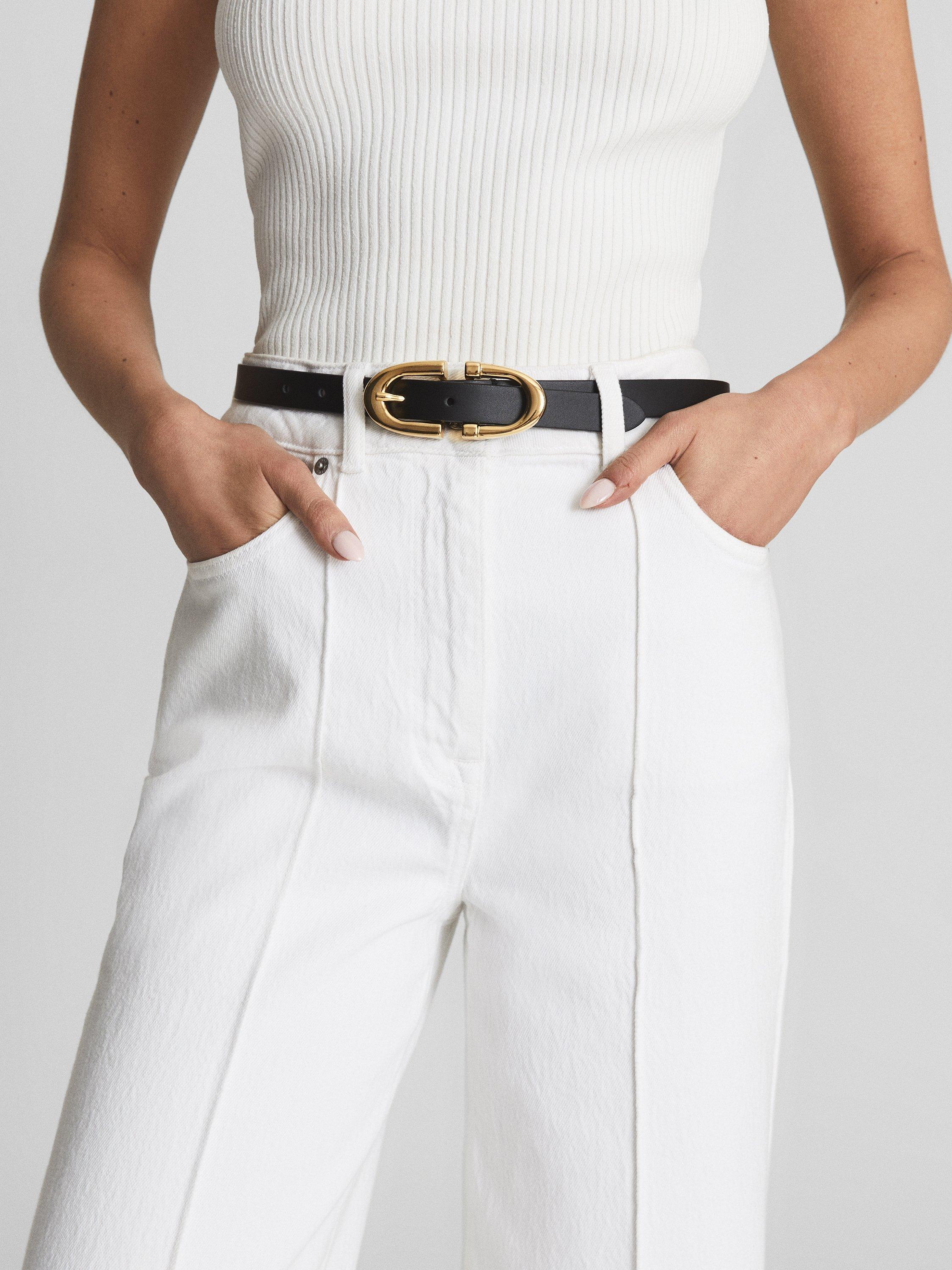 Product image 3 of 3, which shows Reiss Bailey Skinny Leather Belt, Black, XS