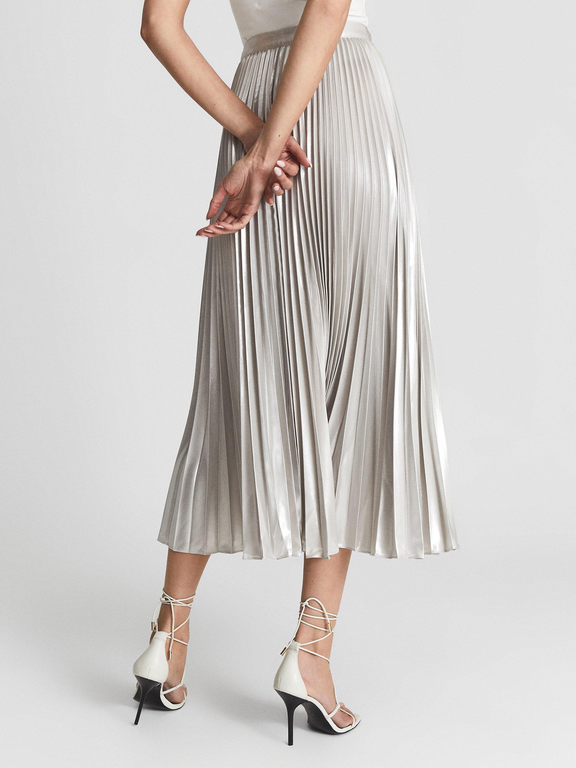 Reiss Elle Plisse Satin Midi Skirt, Silver