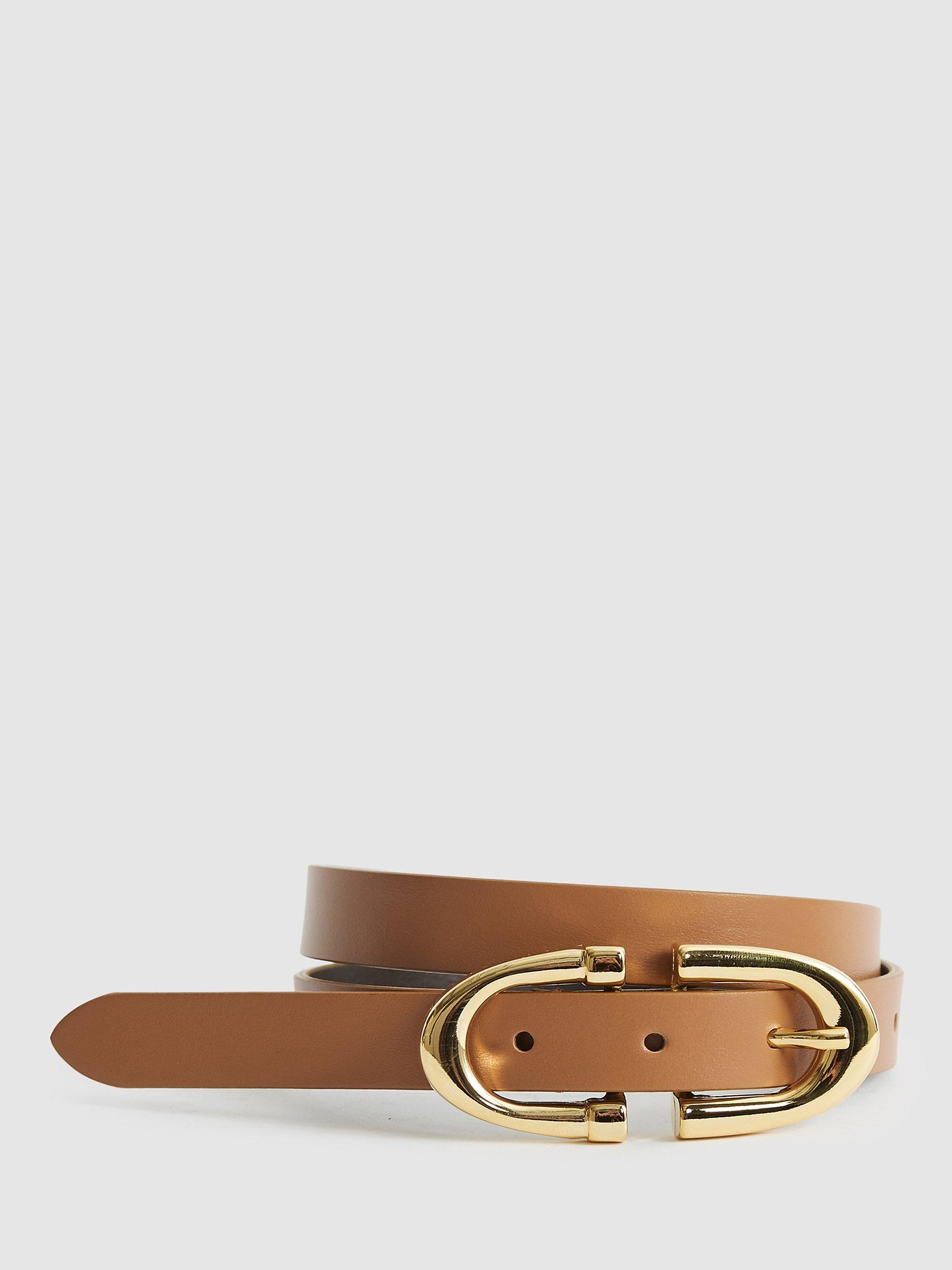 Product image 1 of 4, which shows Reiss Bailey Slim Leather Belt, Tan, XS