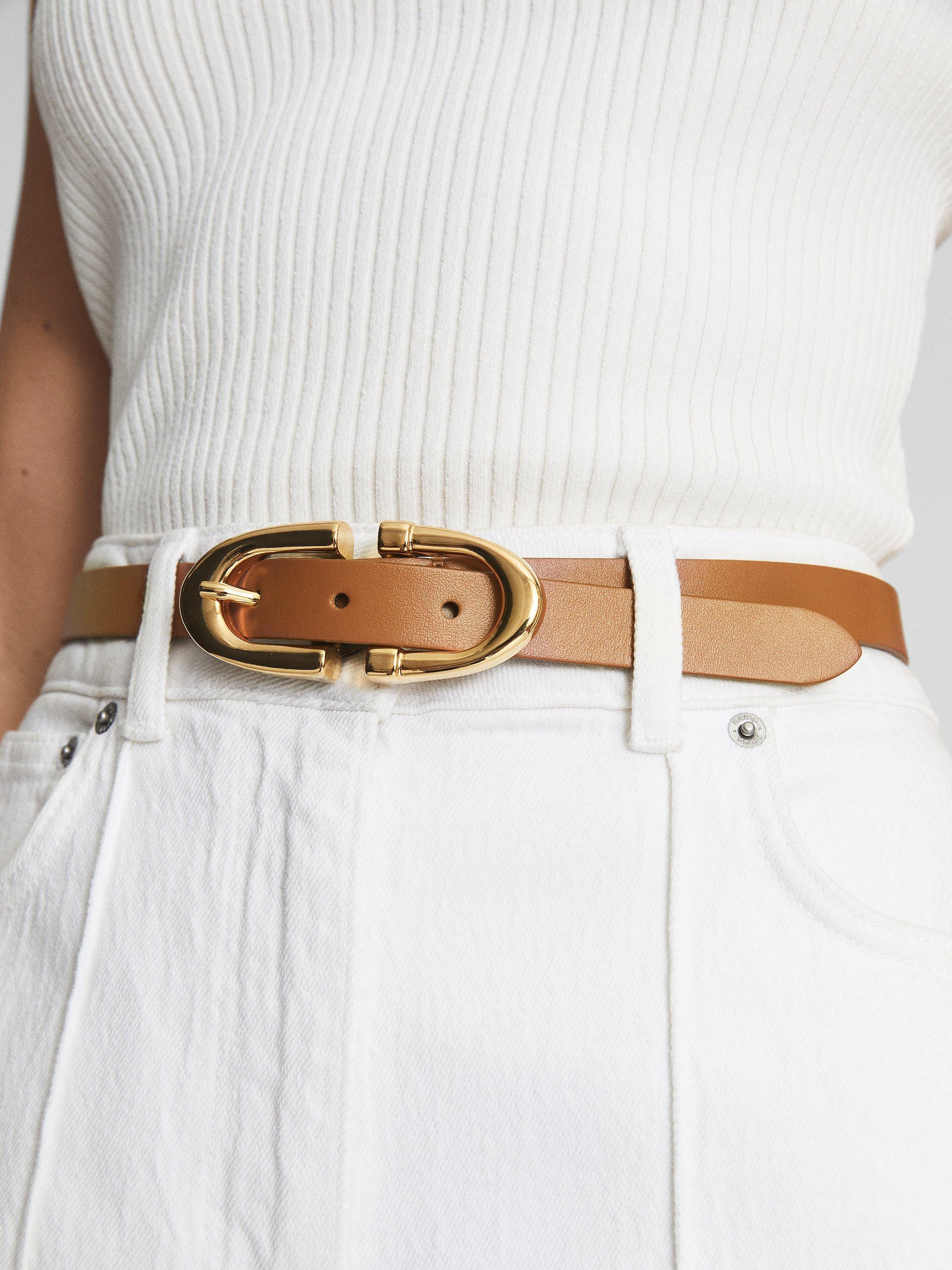Product image 4 of 4, which shows Reiss Bailey Slim Leather Belt, Tan, XS