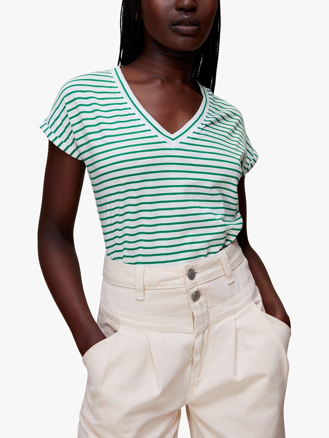 Whistles Willa Stripe Print V-Neck T-Shirt, Green