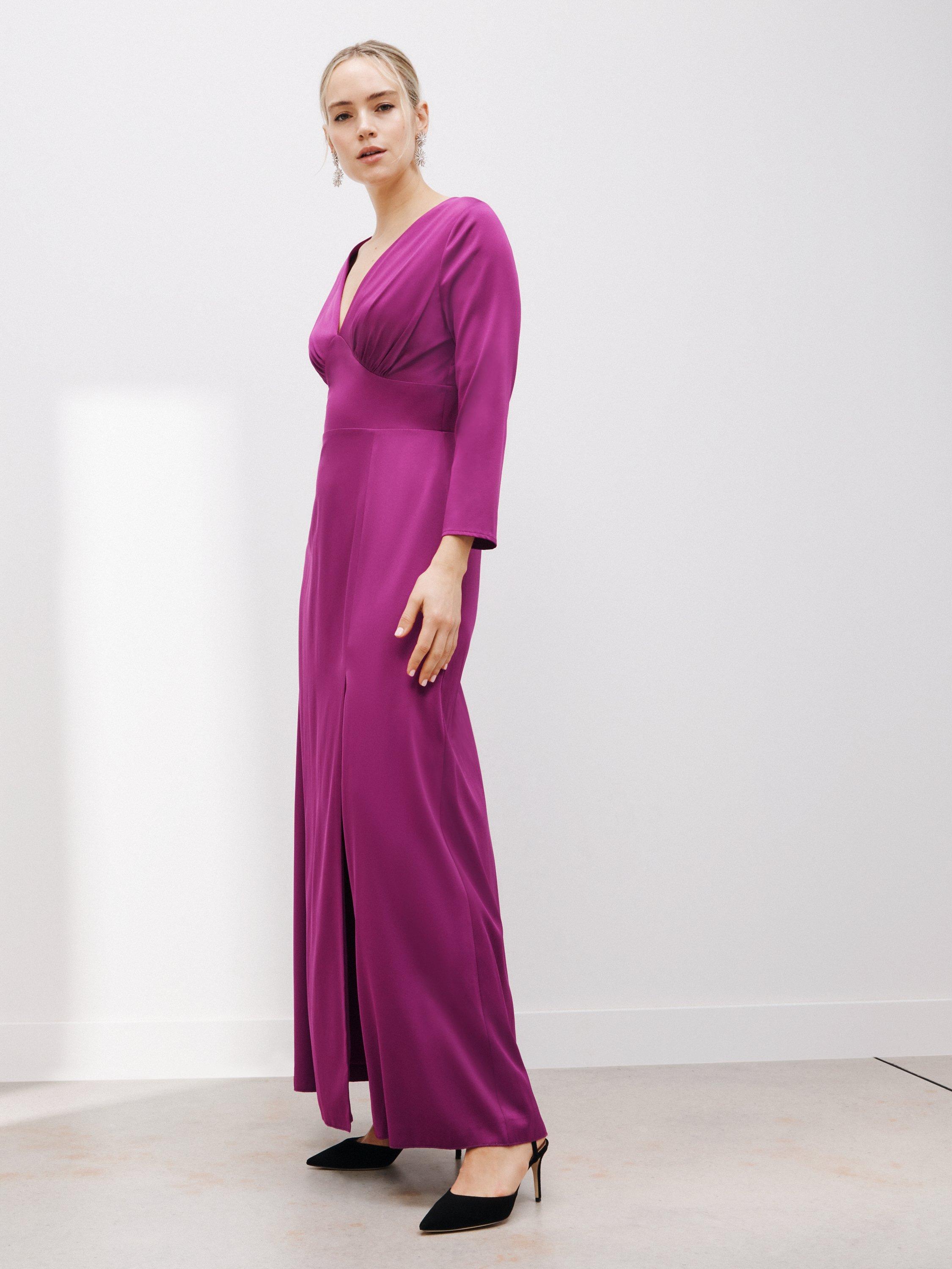 John Lewis Long Sleeve Satin V-Neck Maxi Dress, Deep Pink Satin