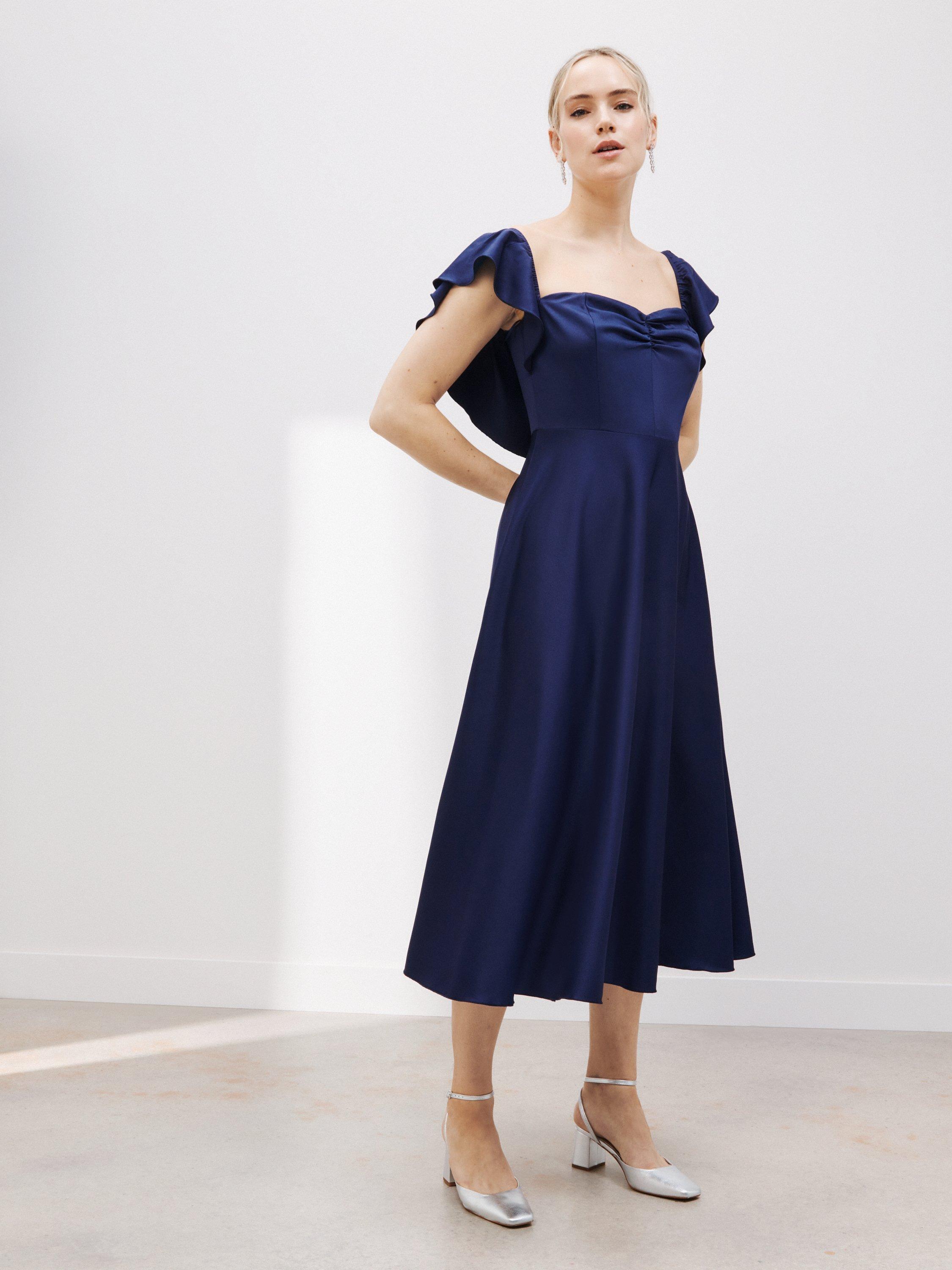 John Lewis Plain Sweetheart Neck Satin Midi Dress, Navy, 12