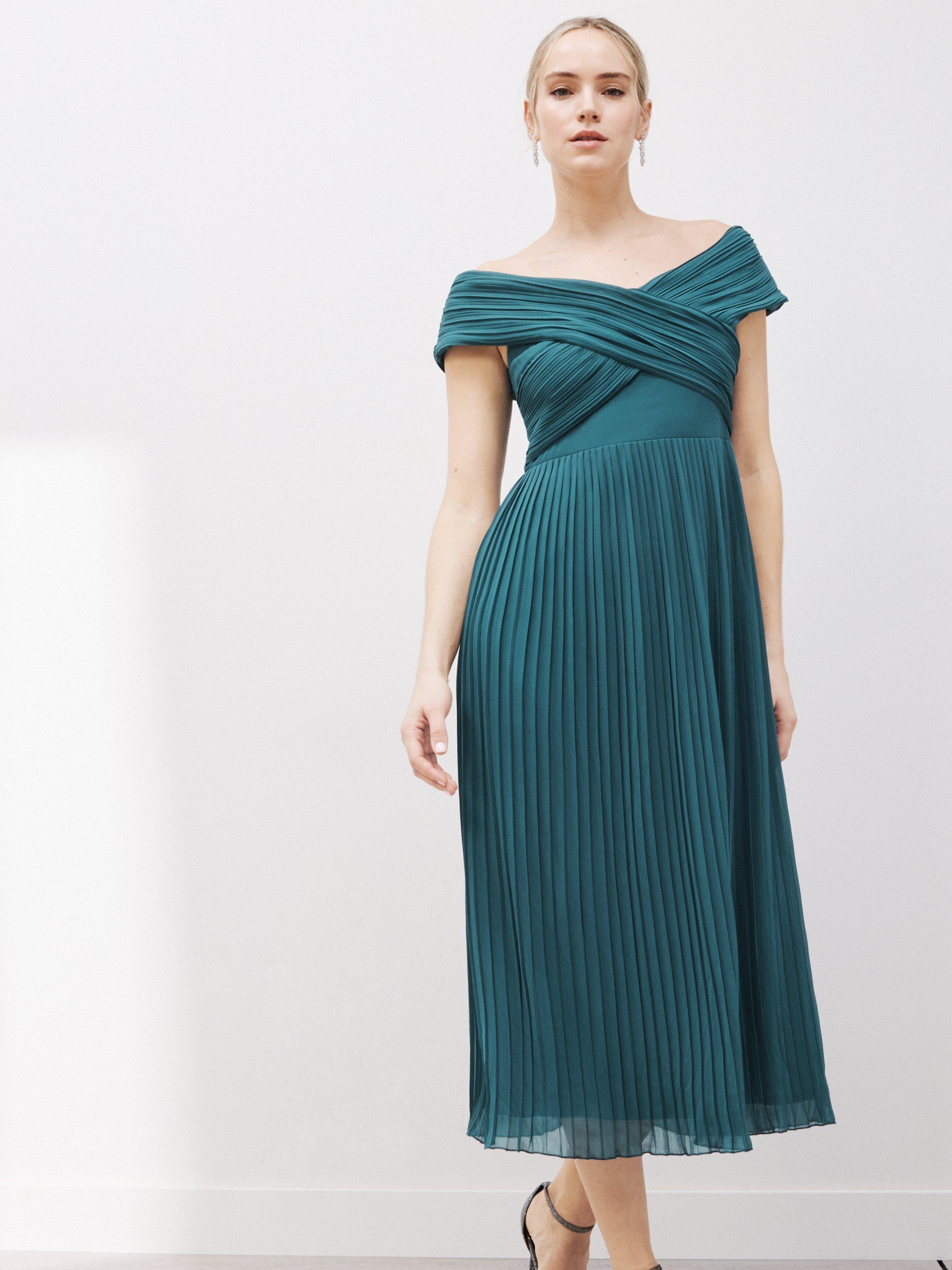 John Lewis Off Shoulder Crossover Pleated Midi Dress, Teal