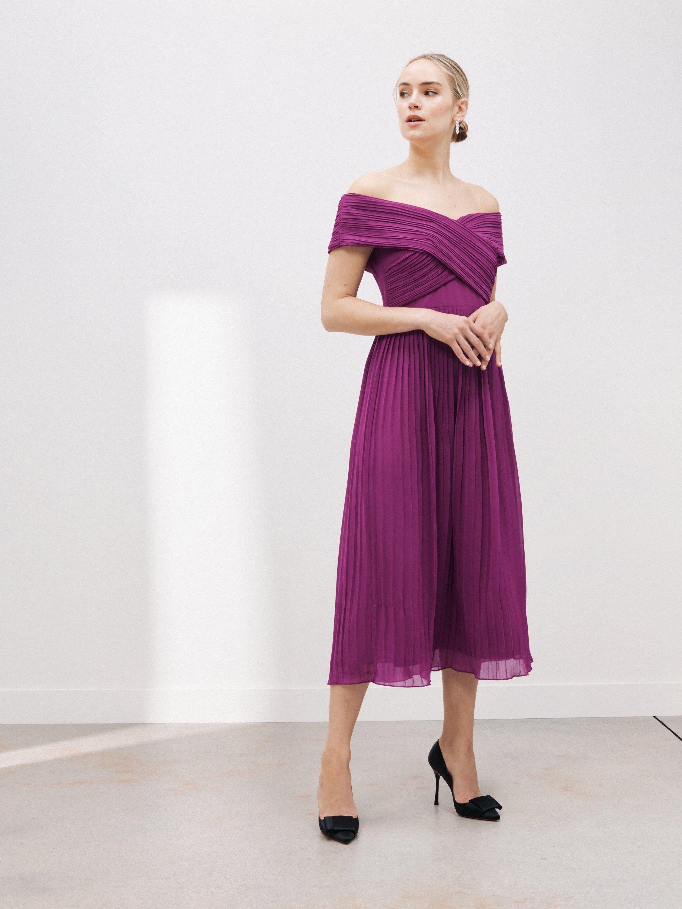 John Lewis Plain Off Shoulder Crossover Pleated Dress, Deep Pink