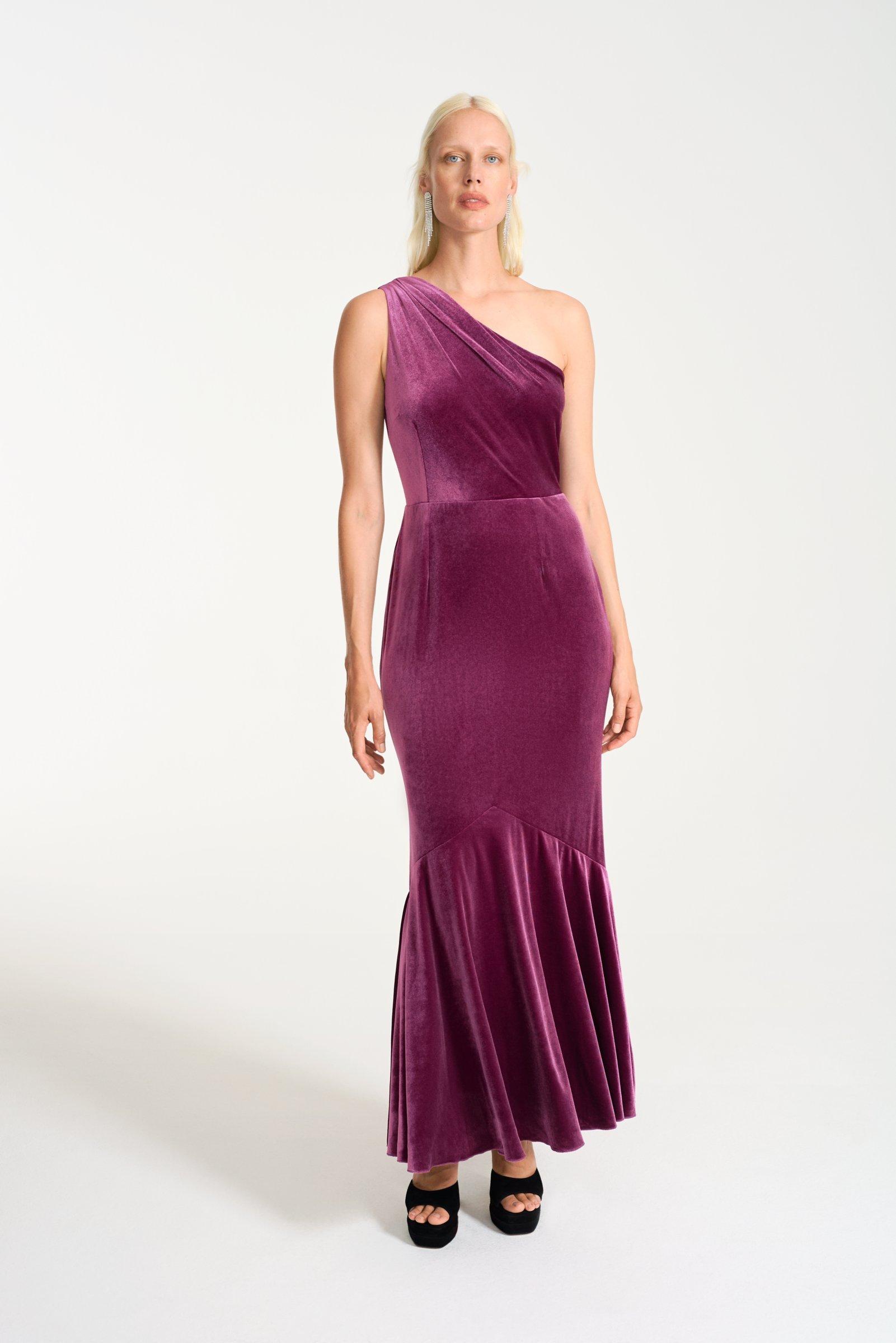 John Lewis Velvet Asymmetric Fishtail Hem Dress, Deep Pink