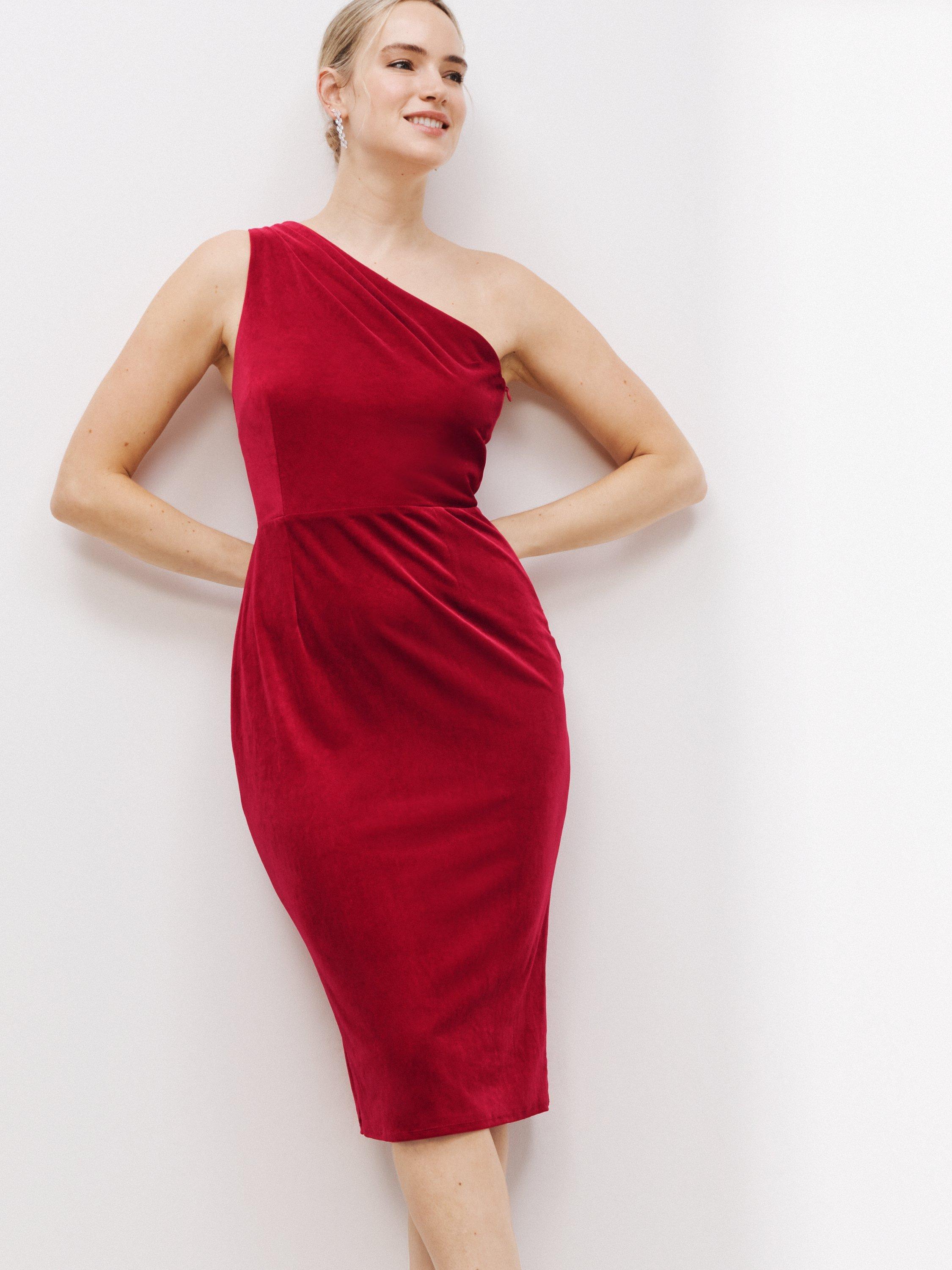 John Lewis Plain Asymmetric Velvet Dress, Red