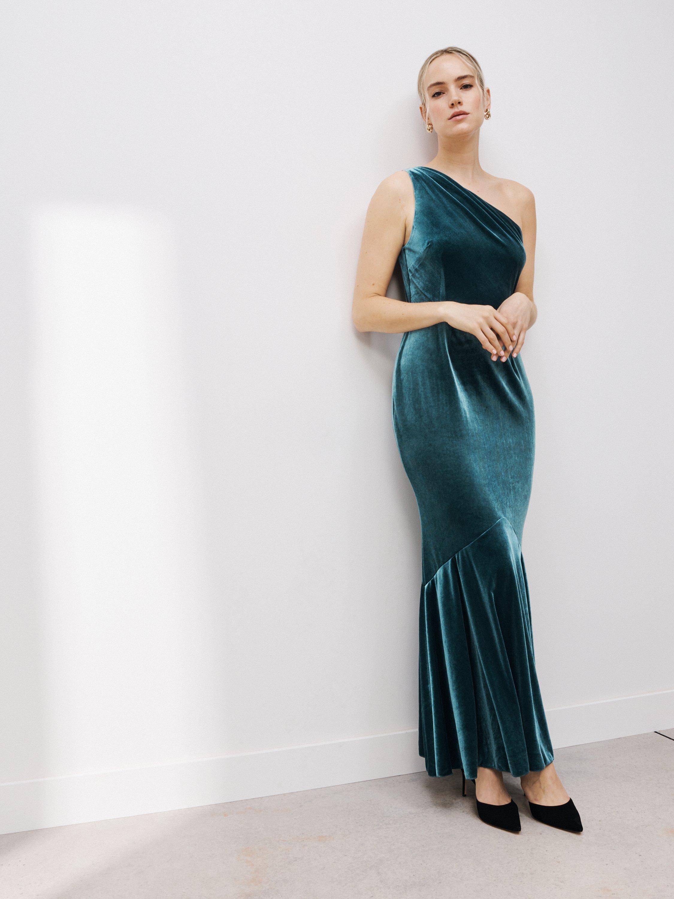 John Lewis One Shoulder Mermaid Velvet Dress, Teal Velvet