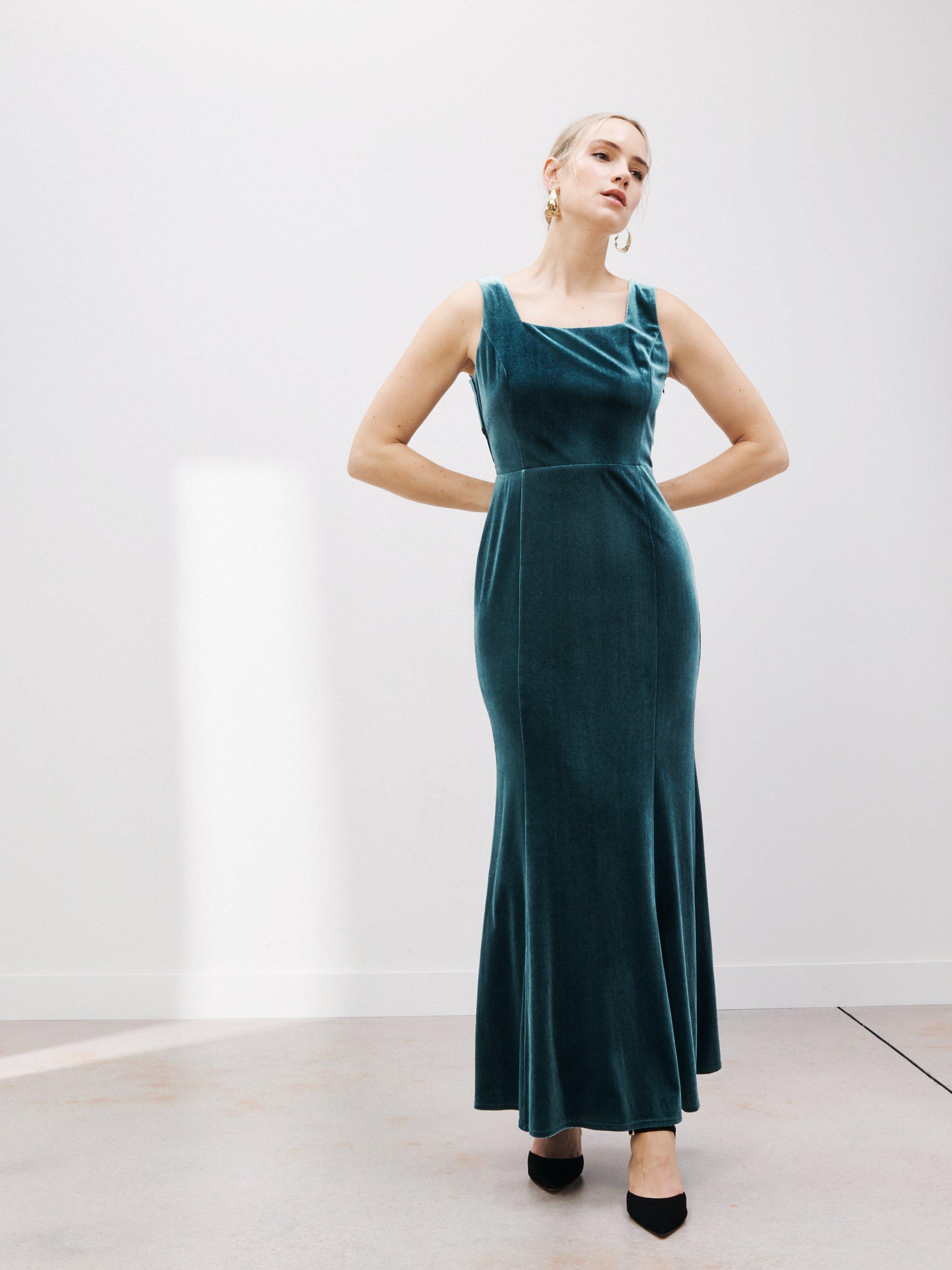 John Lewis Twist Back Velvet Dress, Teal, 14