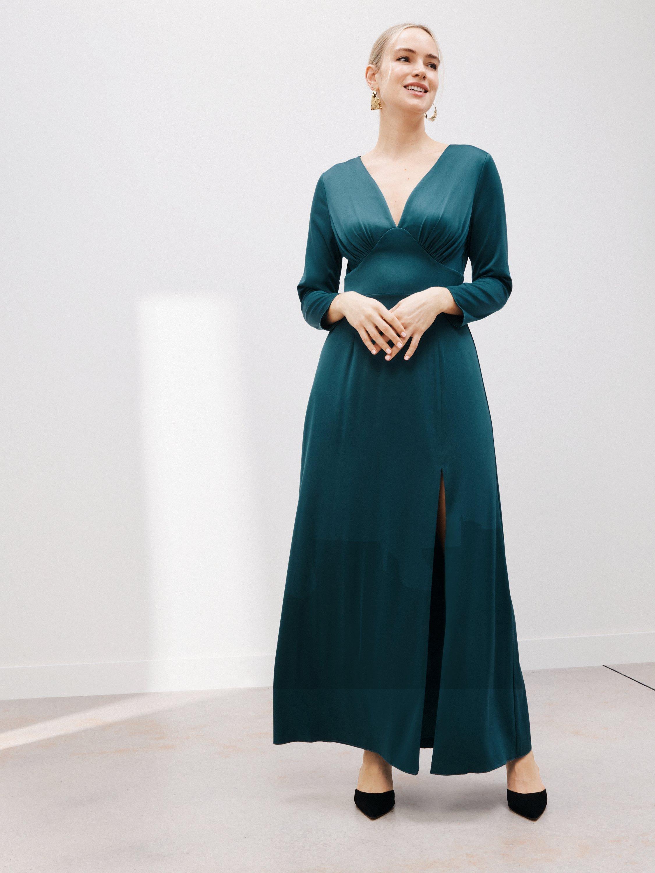 John Lewis Long Sleeve Satin V-Neck Maxi Dress, Teal Satin