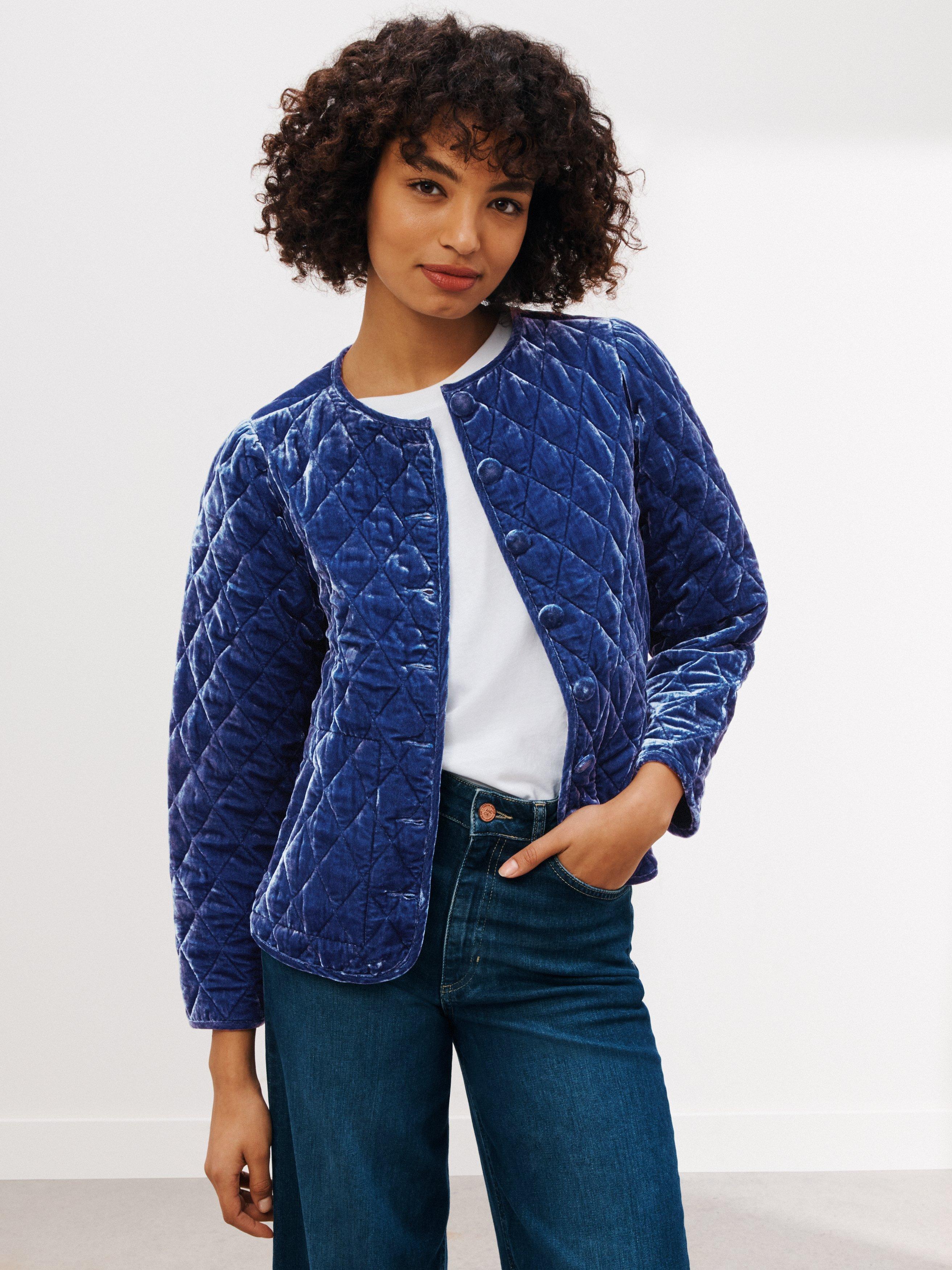 AND/OR Sabina Plain Velvet Quilted Jacket, Blue Ink