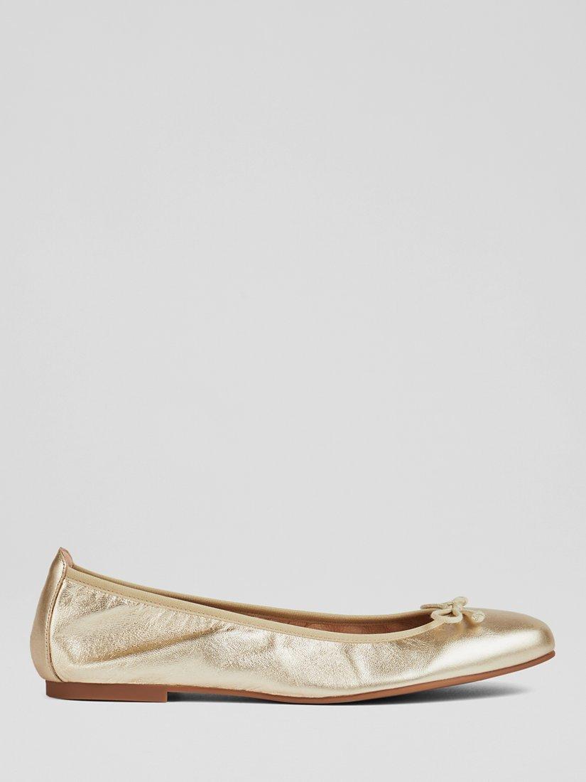 Product image 1 of 4, which shows L.K.Bennett Trilly Flat Leather Pumps, Gold Champagne, 2
