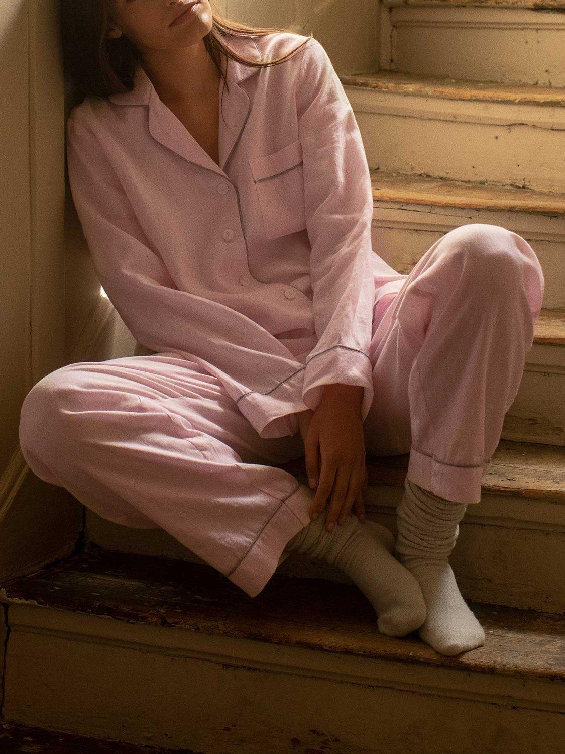 Piglet in Bed Linen Pyjama Shirt, Blush Pink