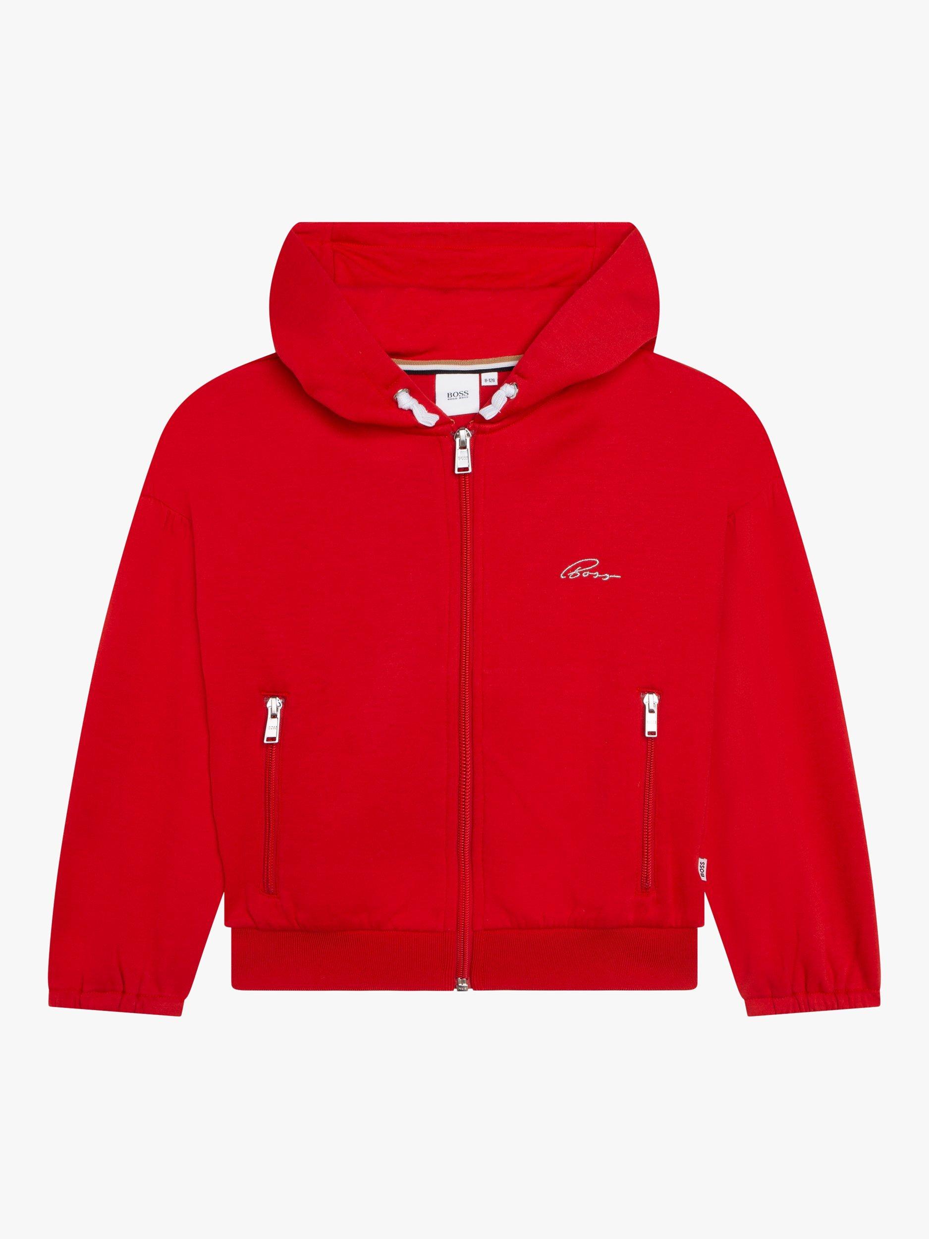 BOSS Kids' Embroidered Logo Hooded Cardigan, Red Crimson