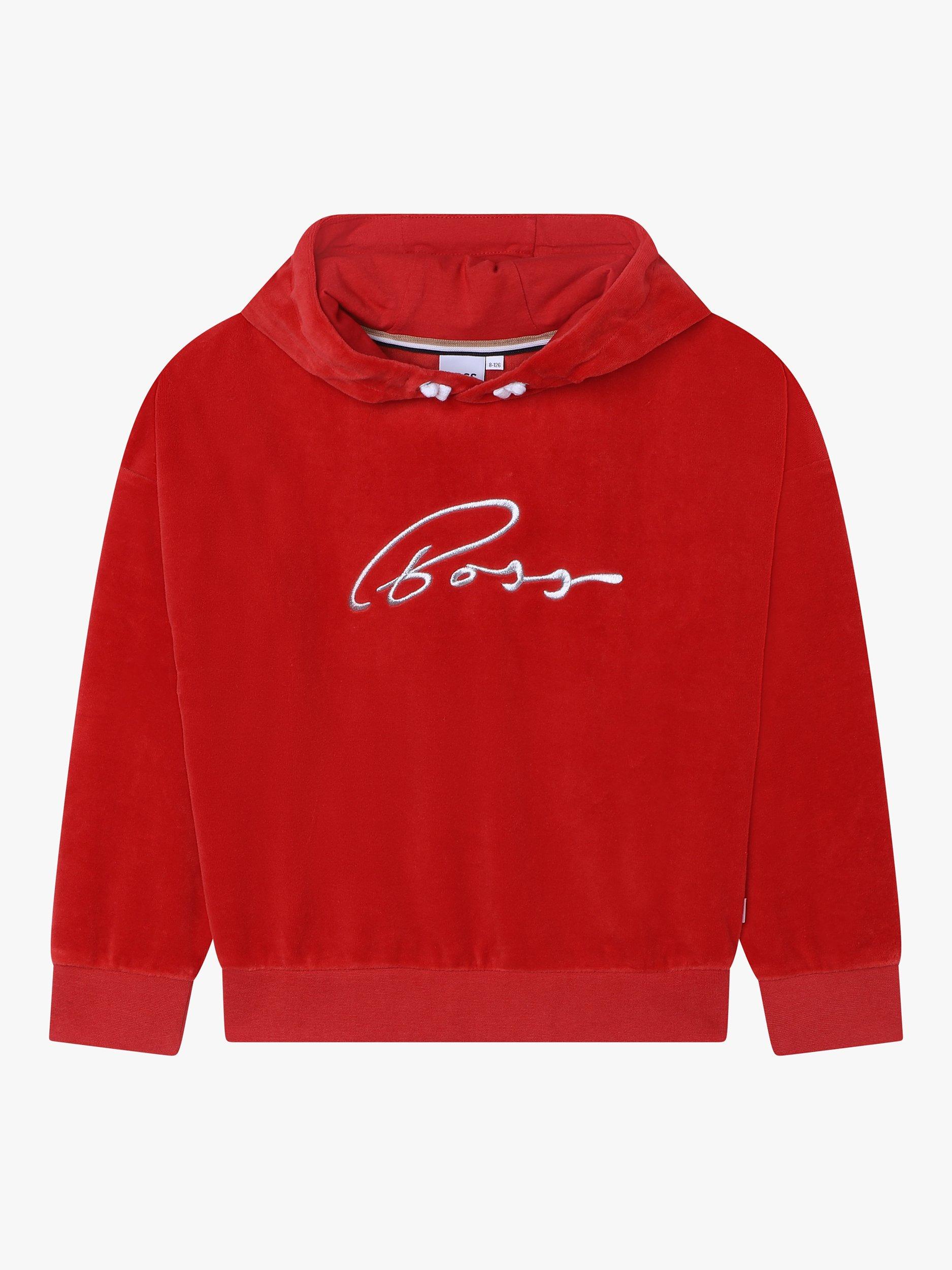 BOSS Kids' Embroidered Logo Velvet Hoodie, Red Crimson
