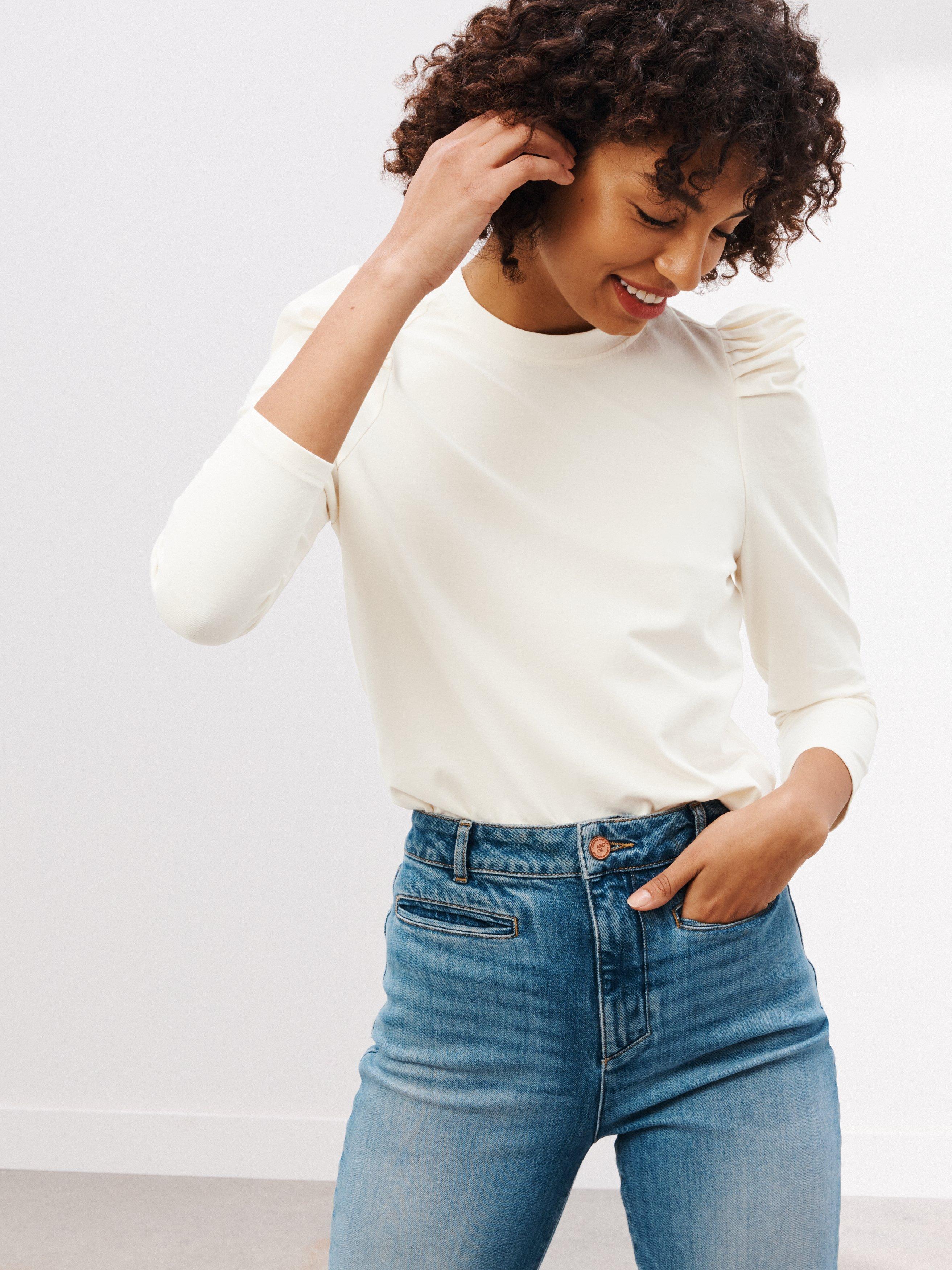 AND/OR Nona Plain Ruffle Sleeve Jersey Top, Cream
