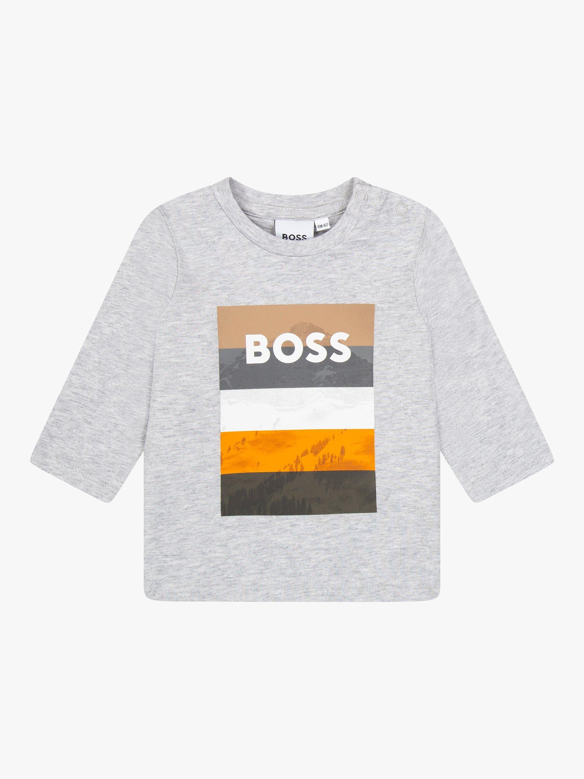 HUGO BOSS Baby Long Sleeved Logo Cotton T-Shirt, Light Grey