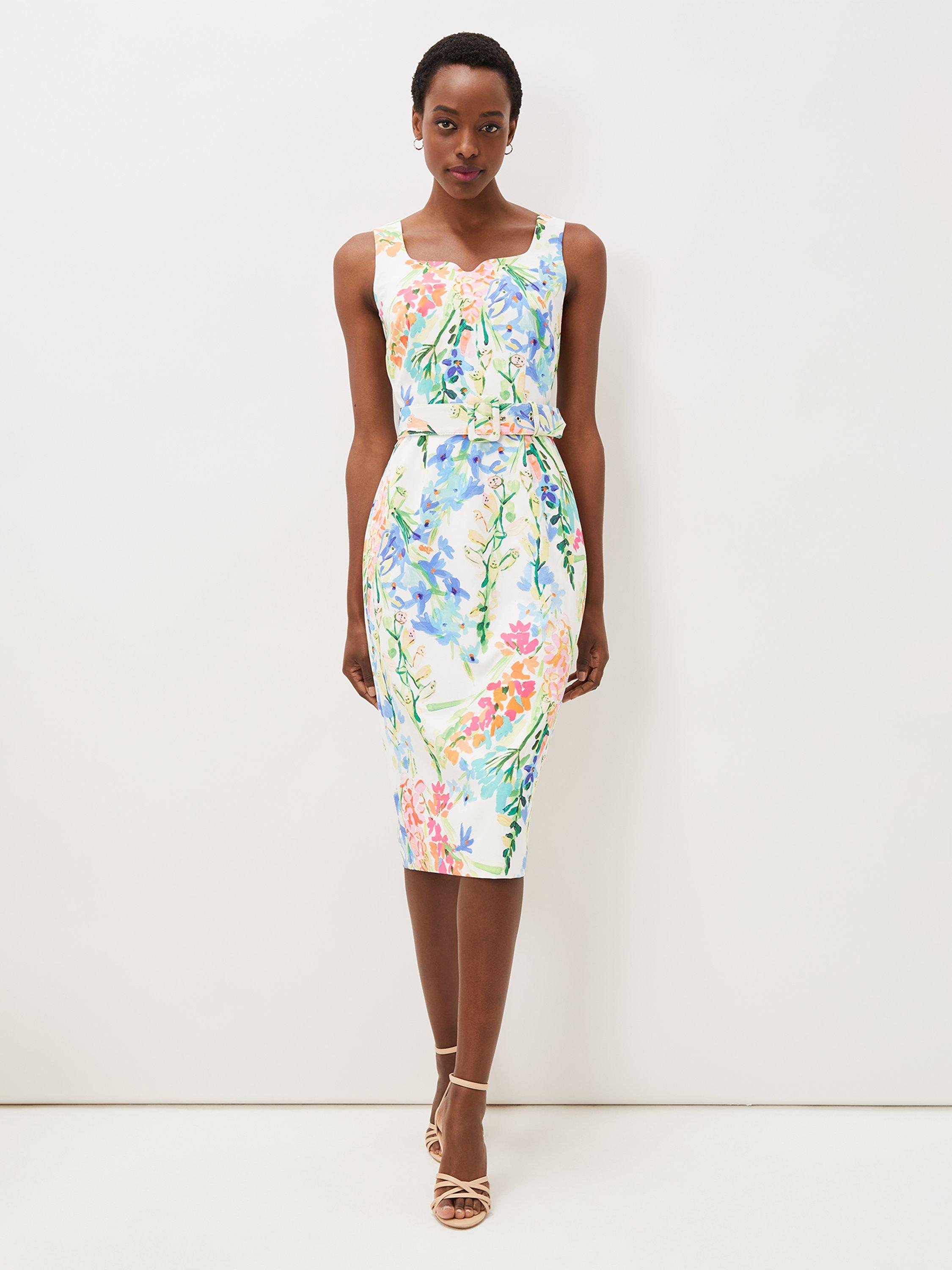 Phase Eight Serina Floral Belt Midi Dress Ivory Multi