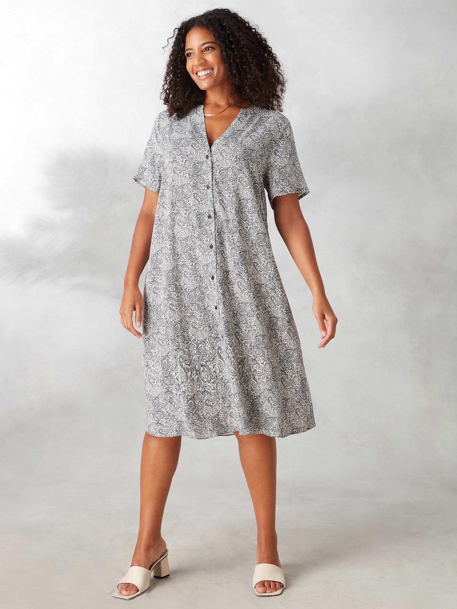 Live Unlimited Woven Paisley Print Button Up V-Neck Dress, Ivory/Black