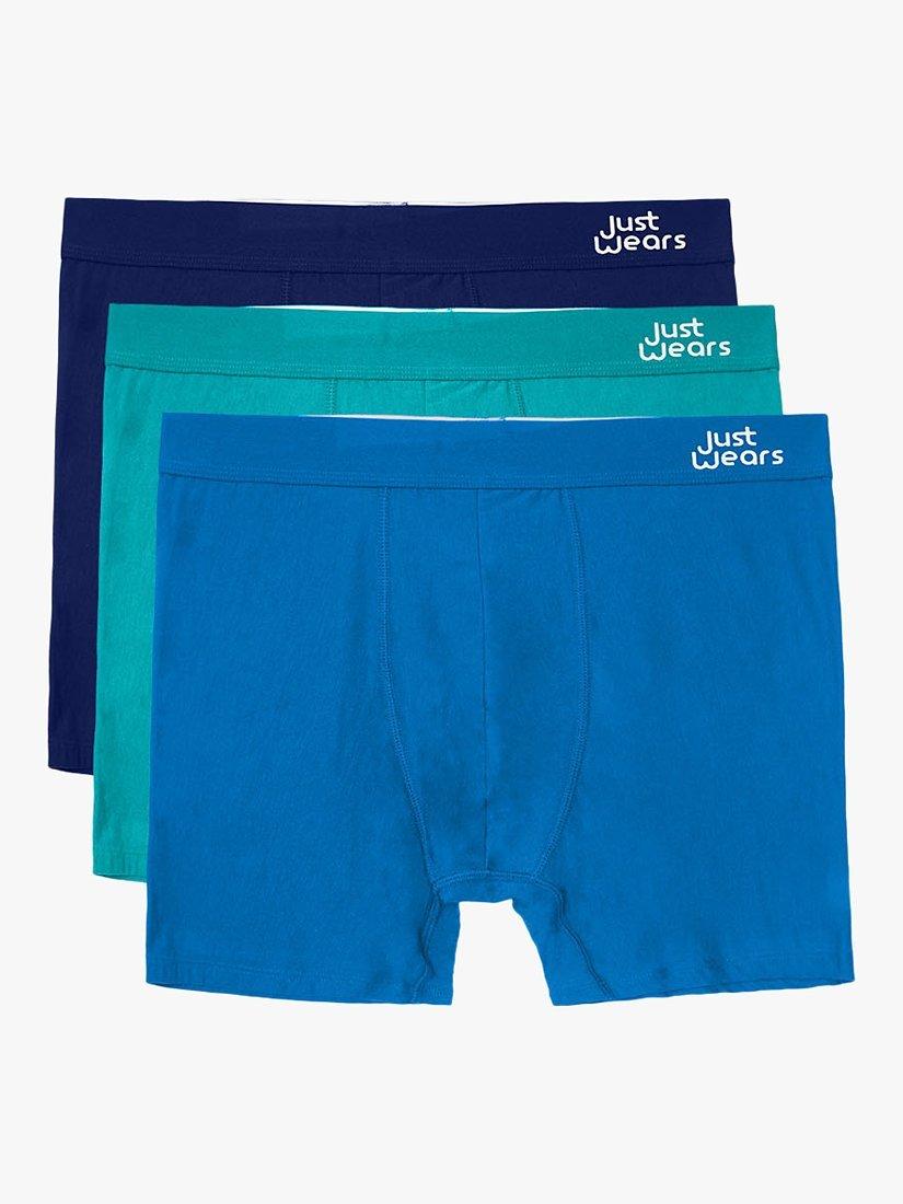 Product image 1 of 5, which shows JustWears Active Boxers, Pack of 3, Blue/Navy/Green, M