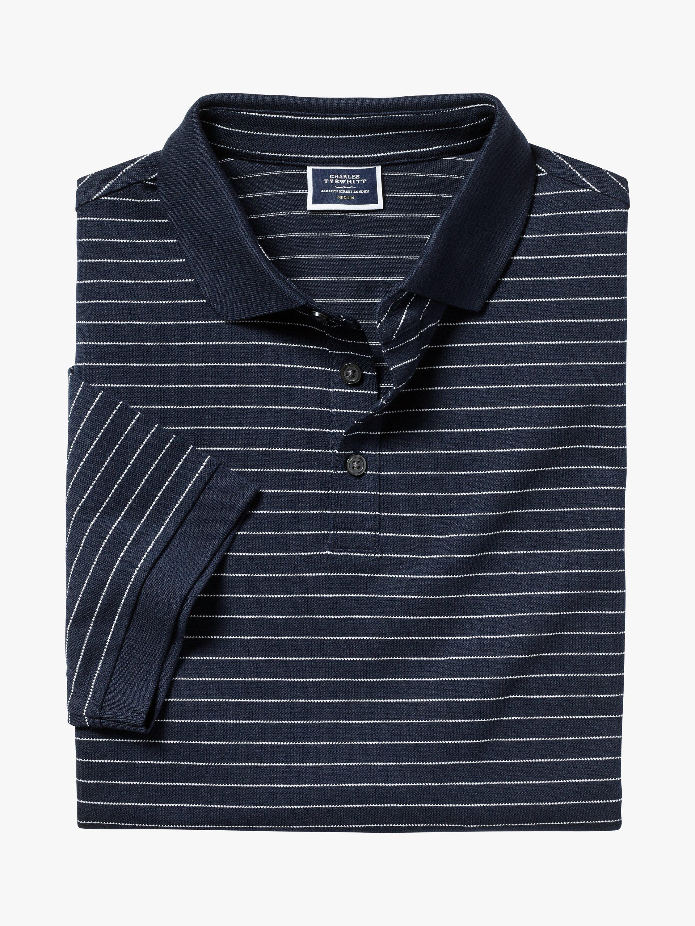Product image 2 of 5, which shows Charles Tyrwhitt Stripe Pique Polo Shirt, Navy & White Pin Stripe, S