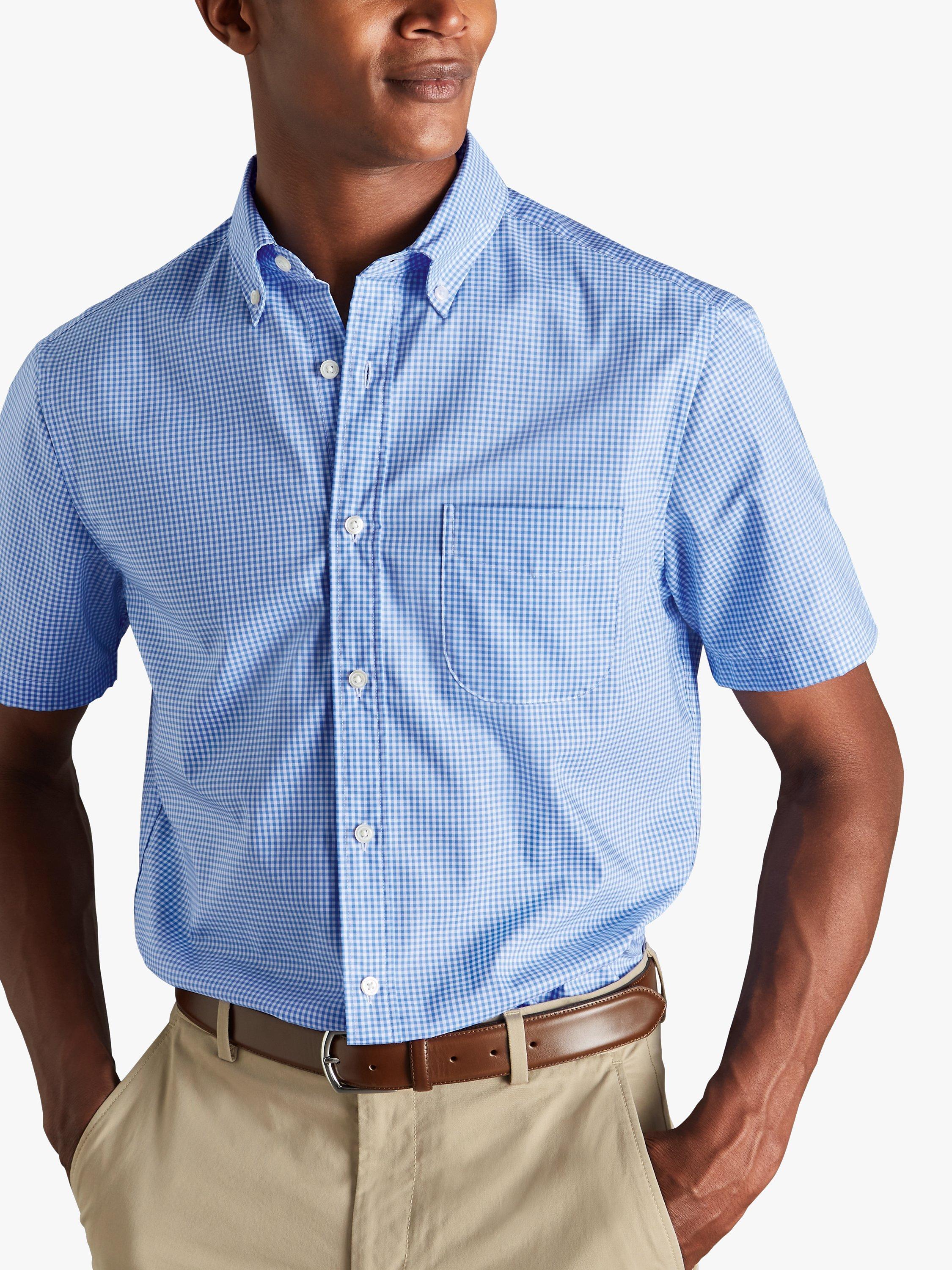 Charles Tyrwhitt Mini Gingham Stretch Cotton Poplin Non-Iron Short Sleeve Shirt, Ocean Blue
