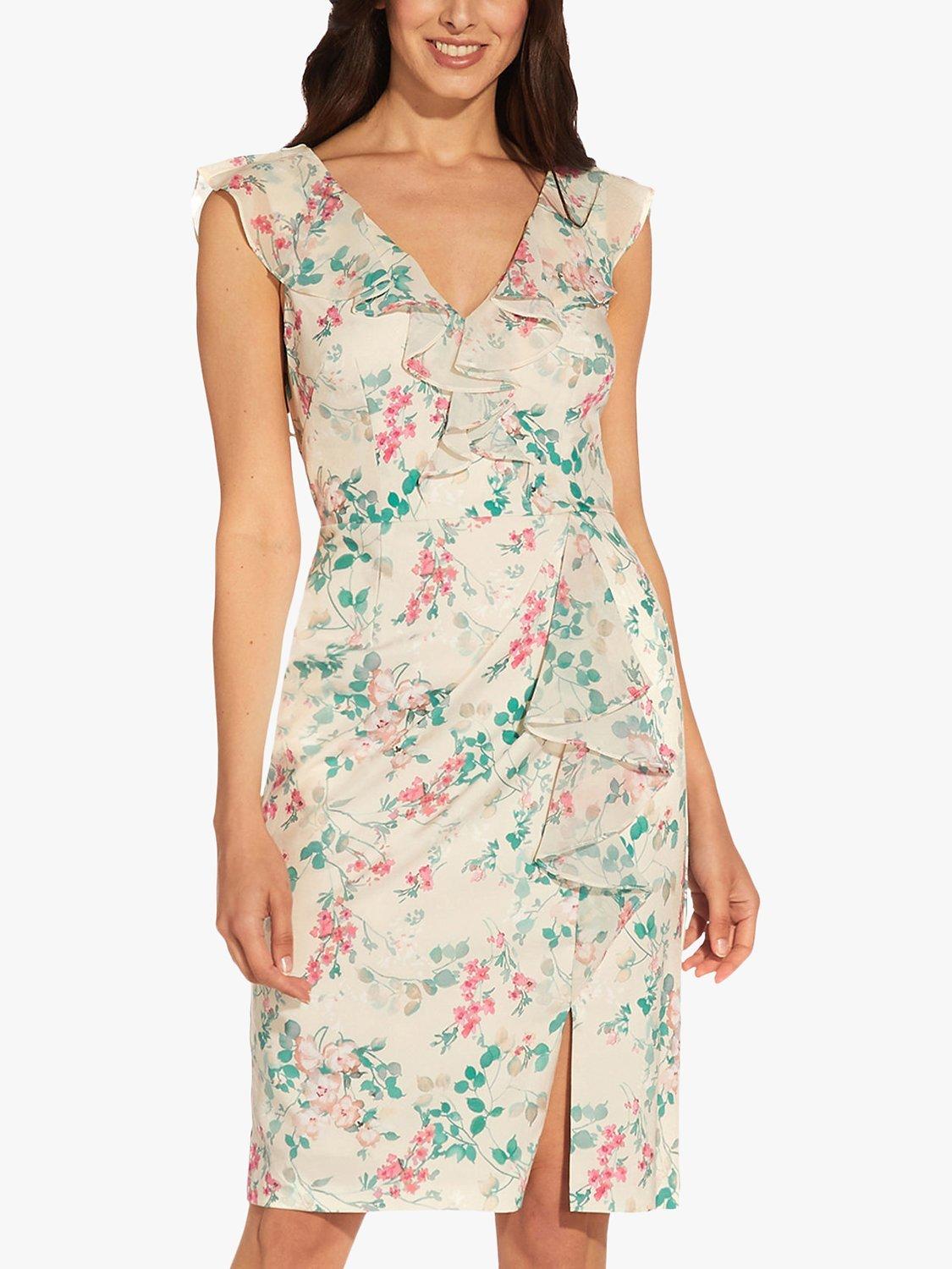 Adrianna Papell Chiffon Floral Print Ruffle Trim Shift Dress, Alabaster/Multi