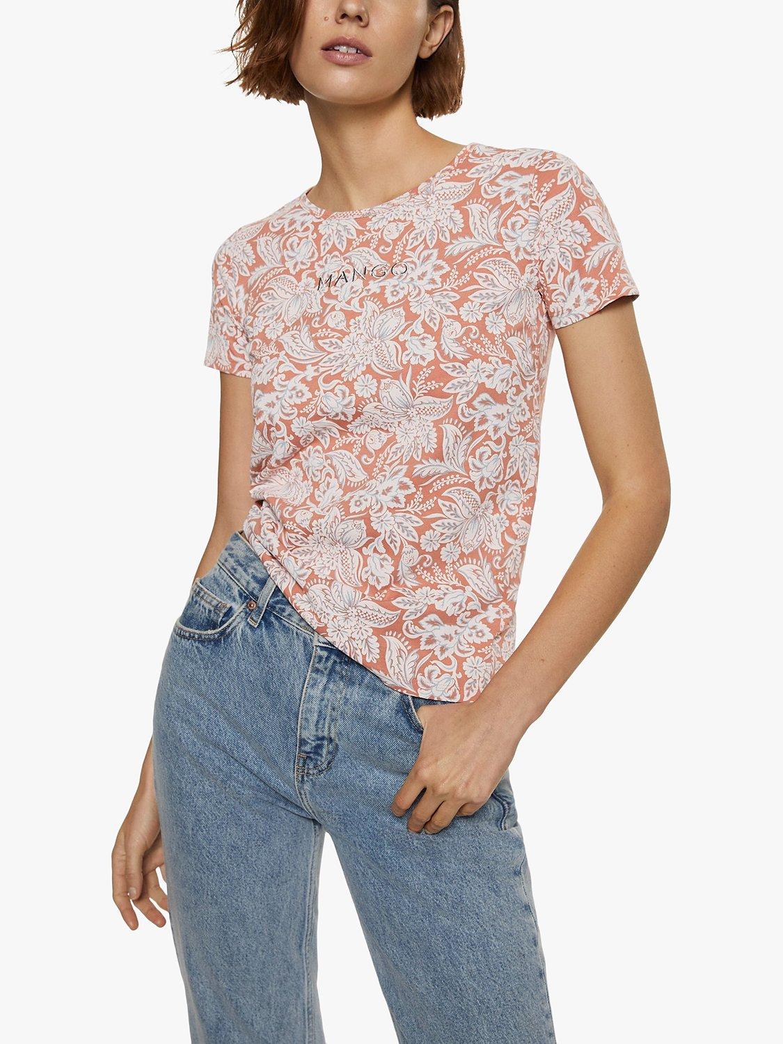 Mango Cotton Floral Print Crew Neck T-Shirt, Red