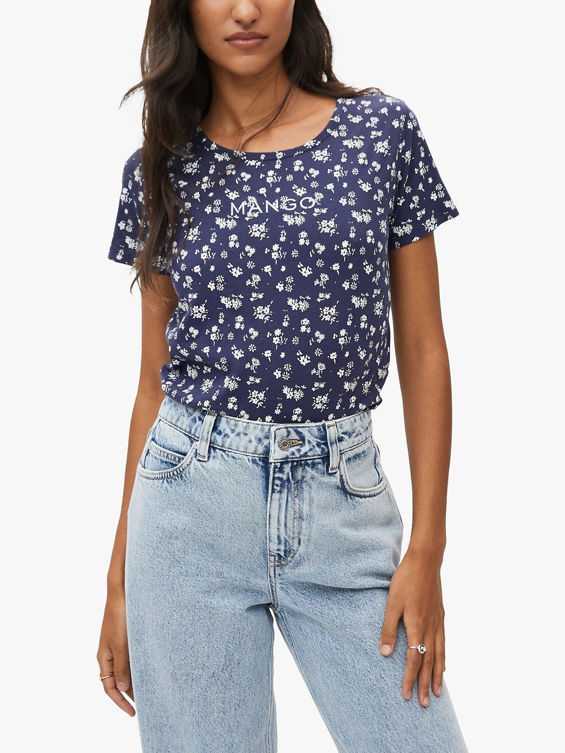 Mango Cotton Floral Print Crew Neck T-Shirt, Blue