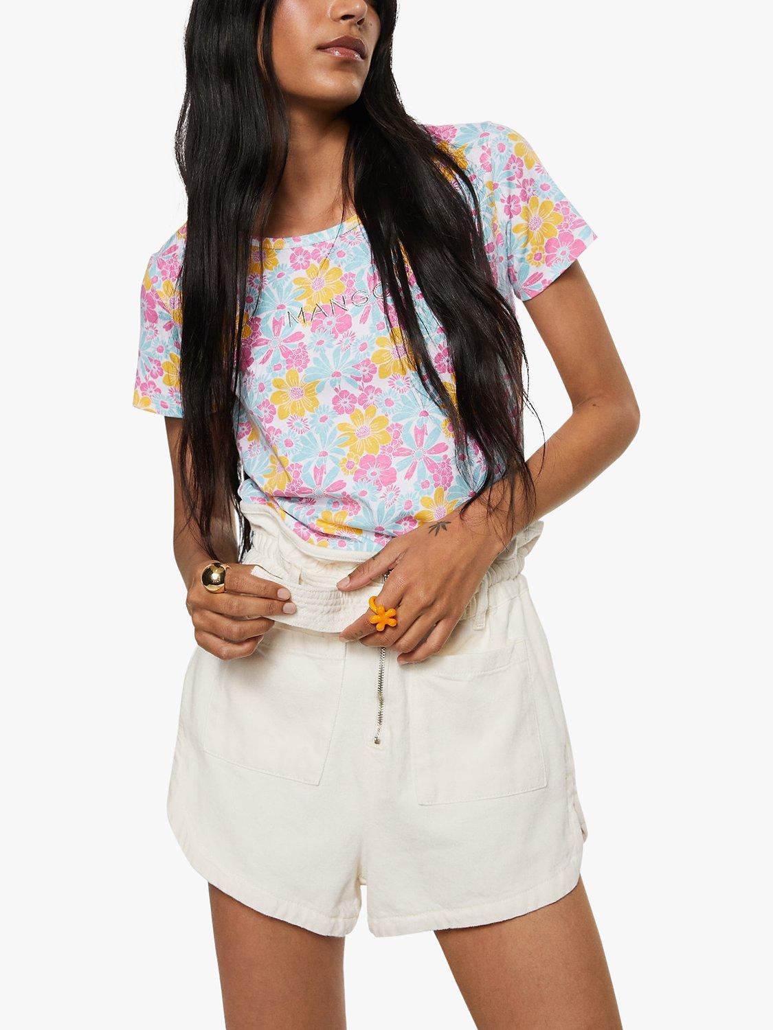 Mango Cotton Floral Print Crew Neck T-Shirt, Aqua