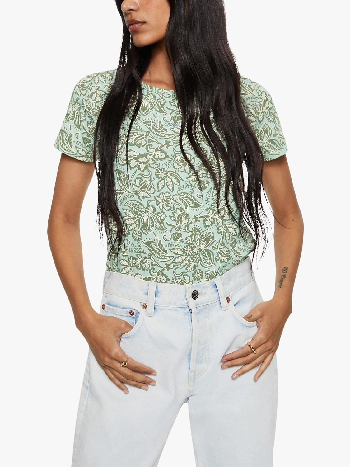 Mango Cotton Floral Print Crew Neck T-Shirt, Green
