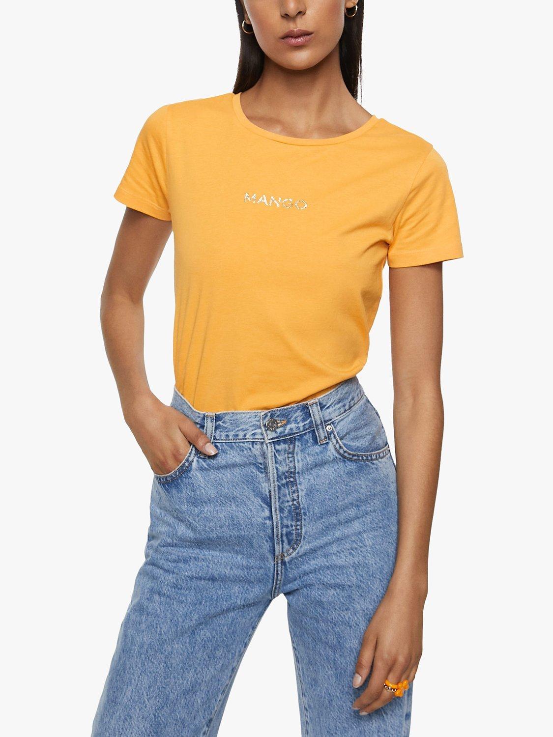 Product image 1 of 6, which shows Mango Logo Cotton Crew Neck T-Shirt, Yellow, XL
