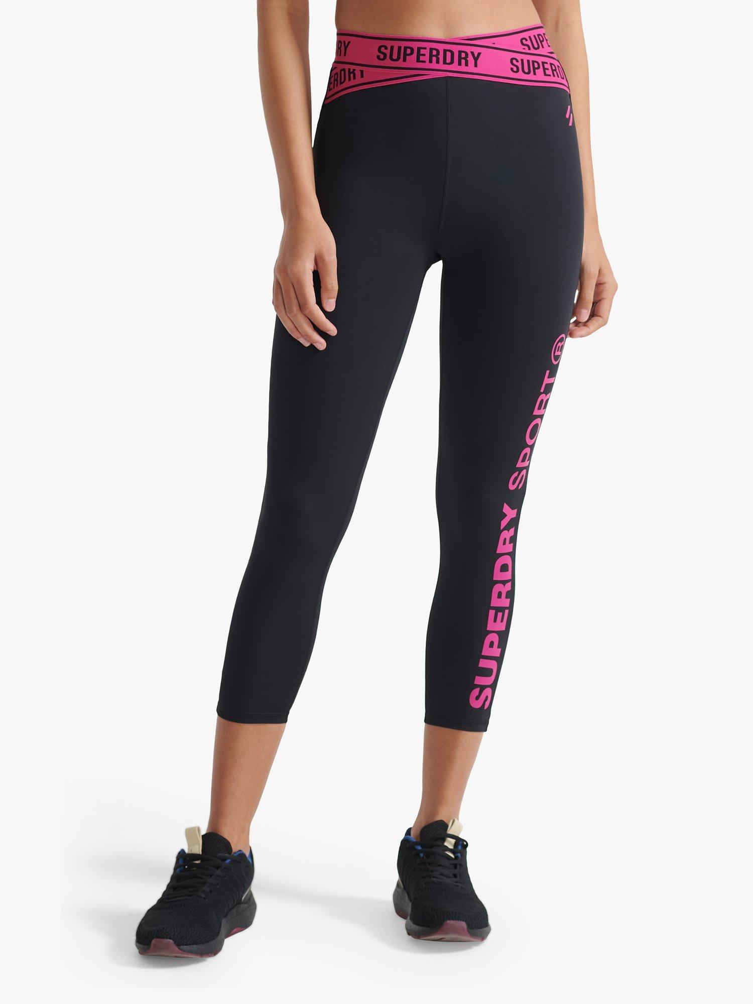Superdry Training Cross 7/8 Gym Leggings, Black/Rasberry Sorbet