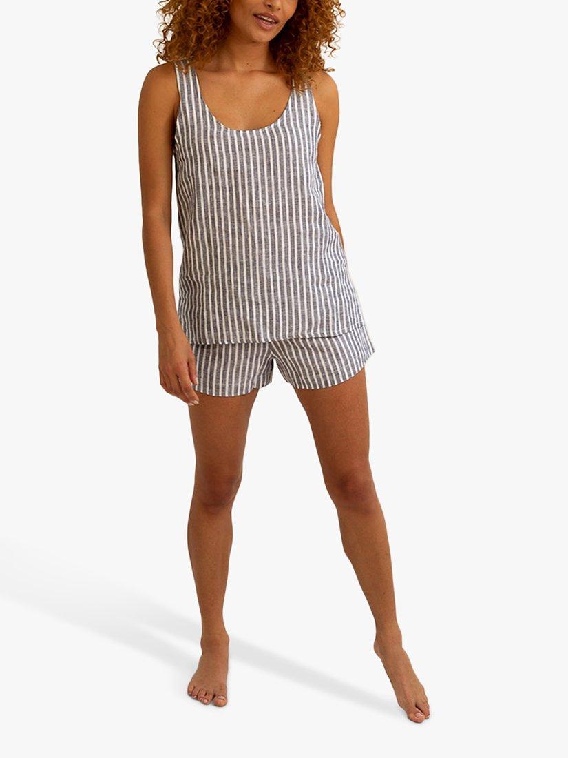 Product image 1 of 6, which shows Piglet in Bed Stripe Linen Cami & Shorts Pyjama Set, Midnight, L