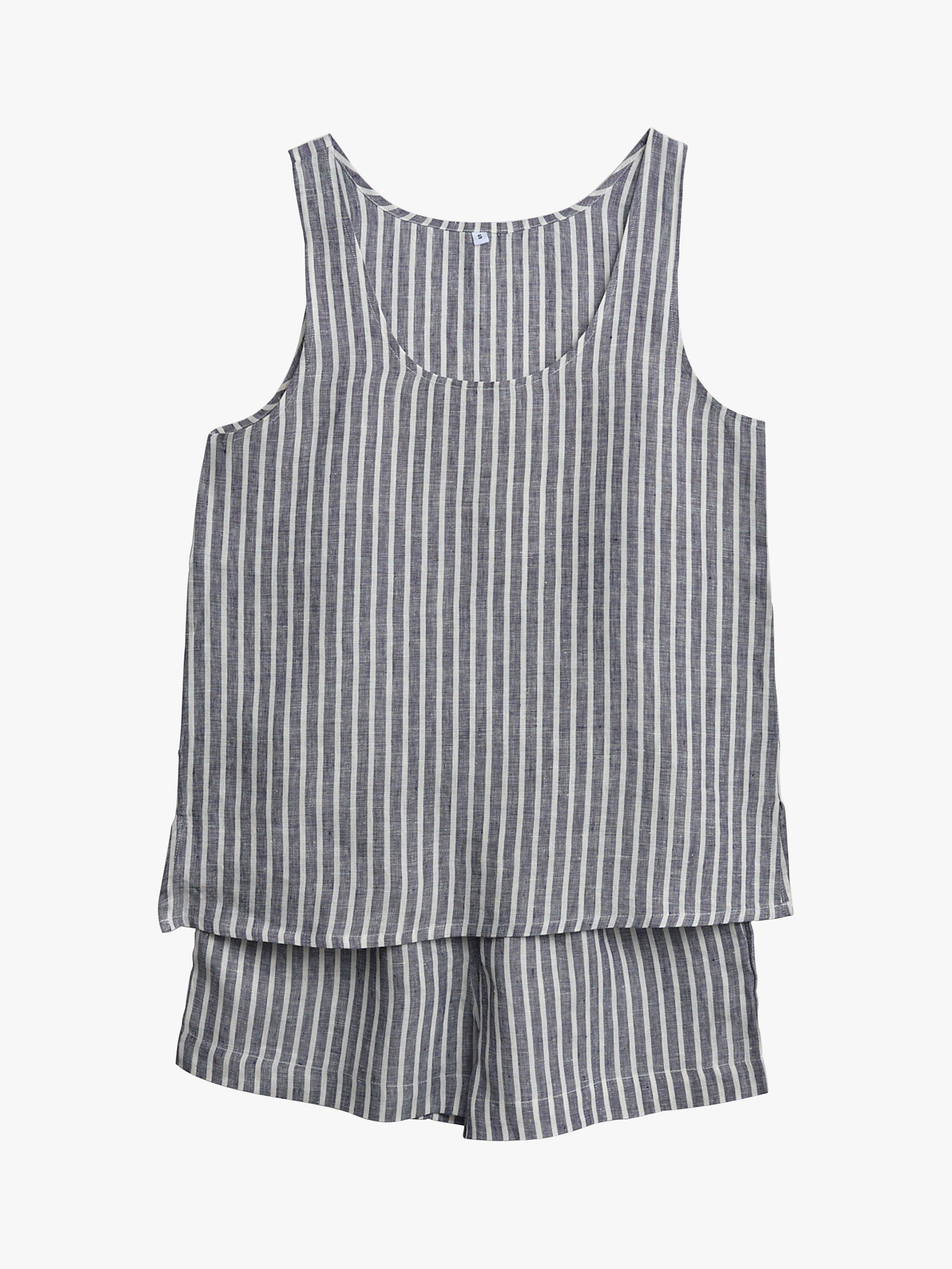Product image 2 of 6, which shows Piglet in Bed Stripe Linen Cami & Shorts Pyjama Set, Midnight, L