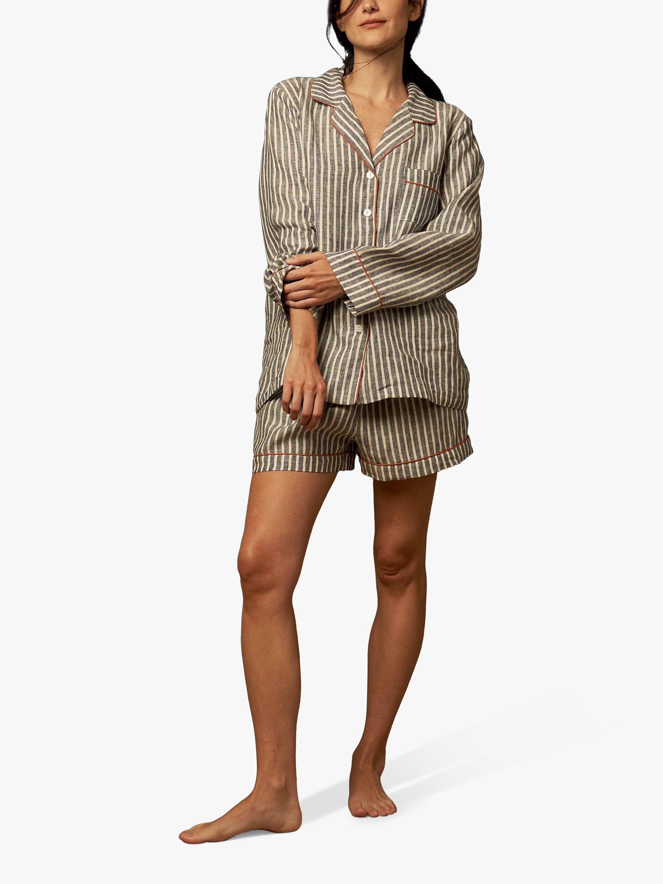 Product image 1 of 5, which shows Piglet in Bed Stripe Linen Shortie Pyjama Set, Midnight, XS