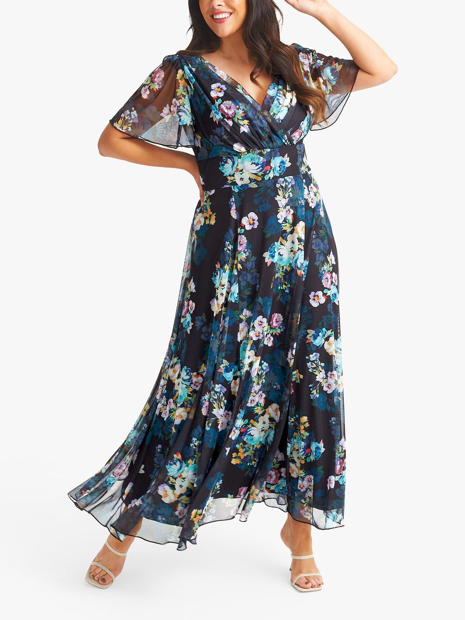 Product image 1 of 4, which shows Scarlett & Jo Isabelle Floral Print Float Sleeve Maxi Dress, Black/Teal, 14