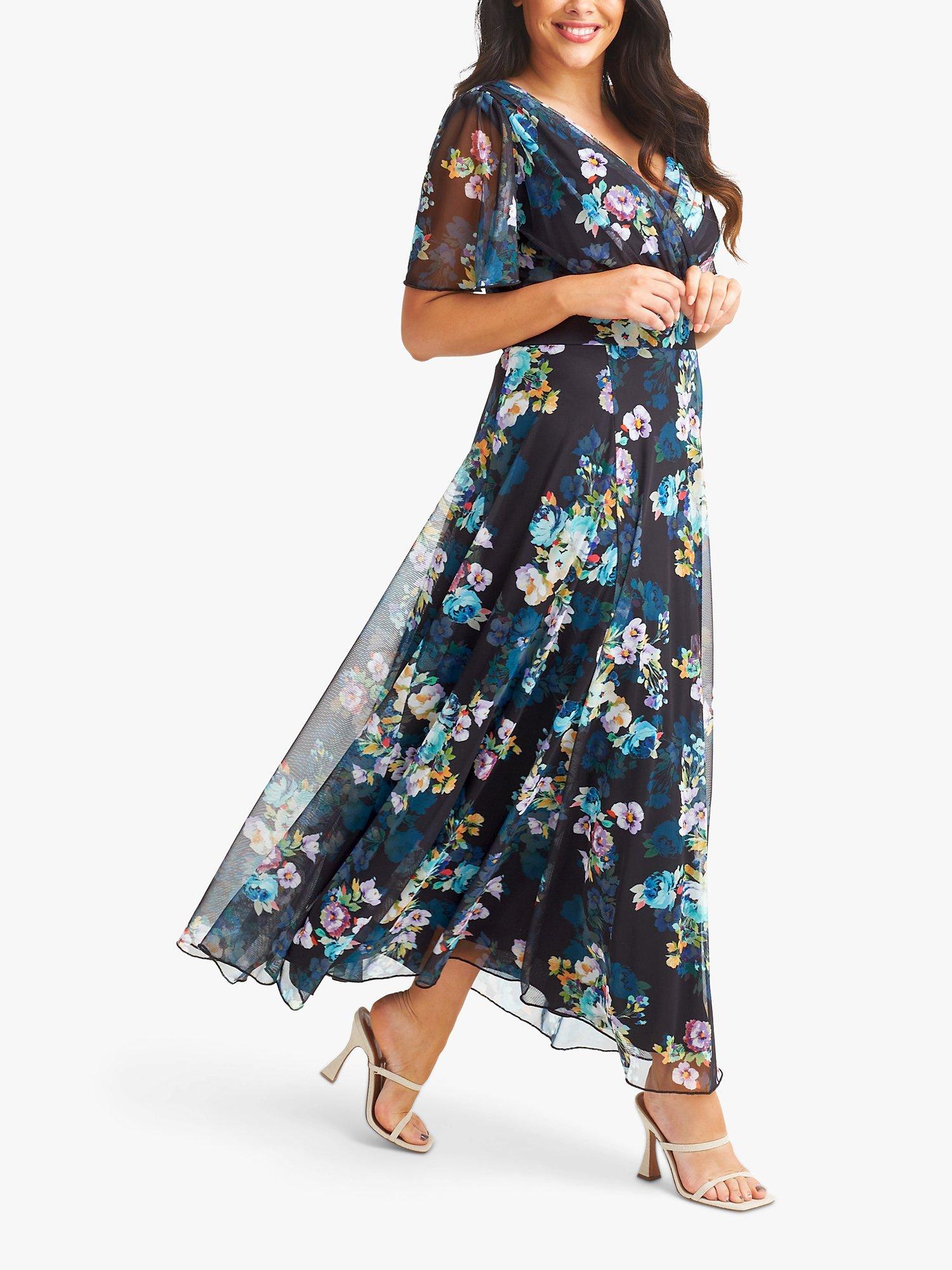 Product image 4 of 4, which shows Scarlett & Jo Isabelle Floral Print Float Sleeve Maxi Dress, Black/Teal, 14