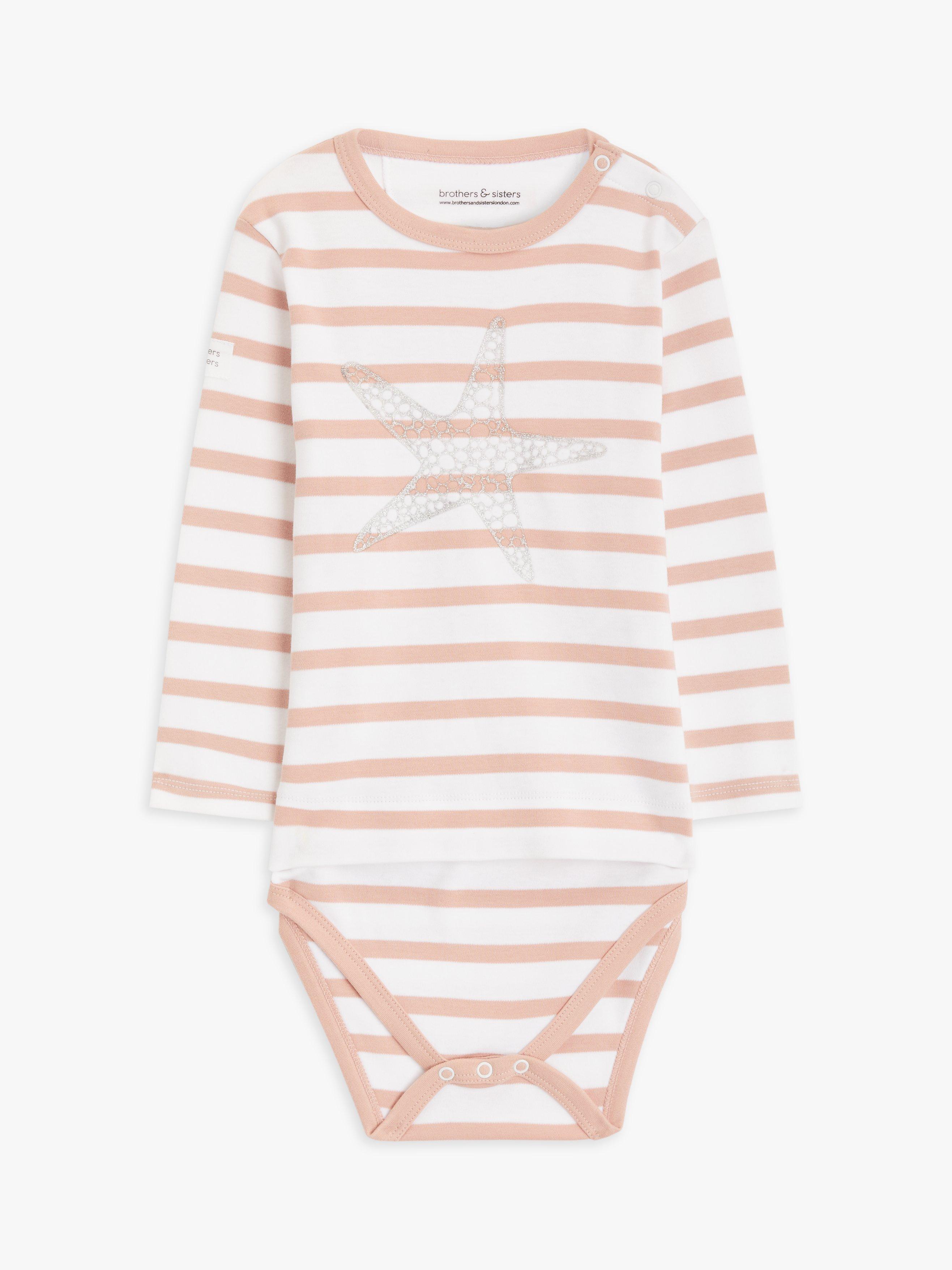 Product image 1 of 4, which shows Brothers & Sisters Kids' Organic Cotton Breton Starfish Stripe Top, White/Pink, 3-4 years