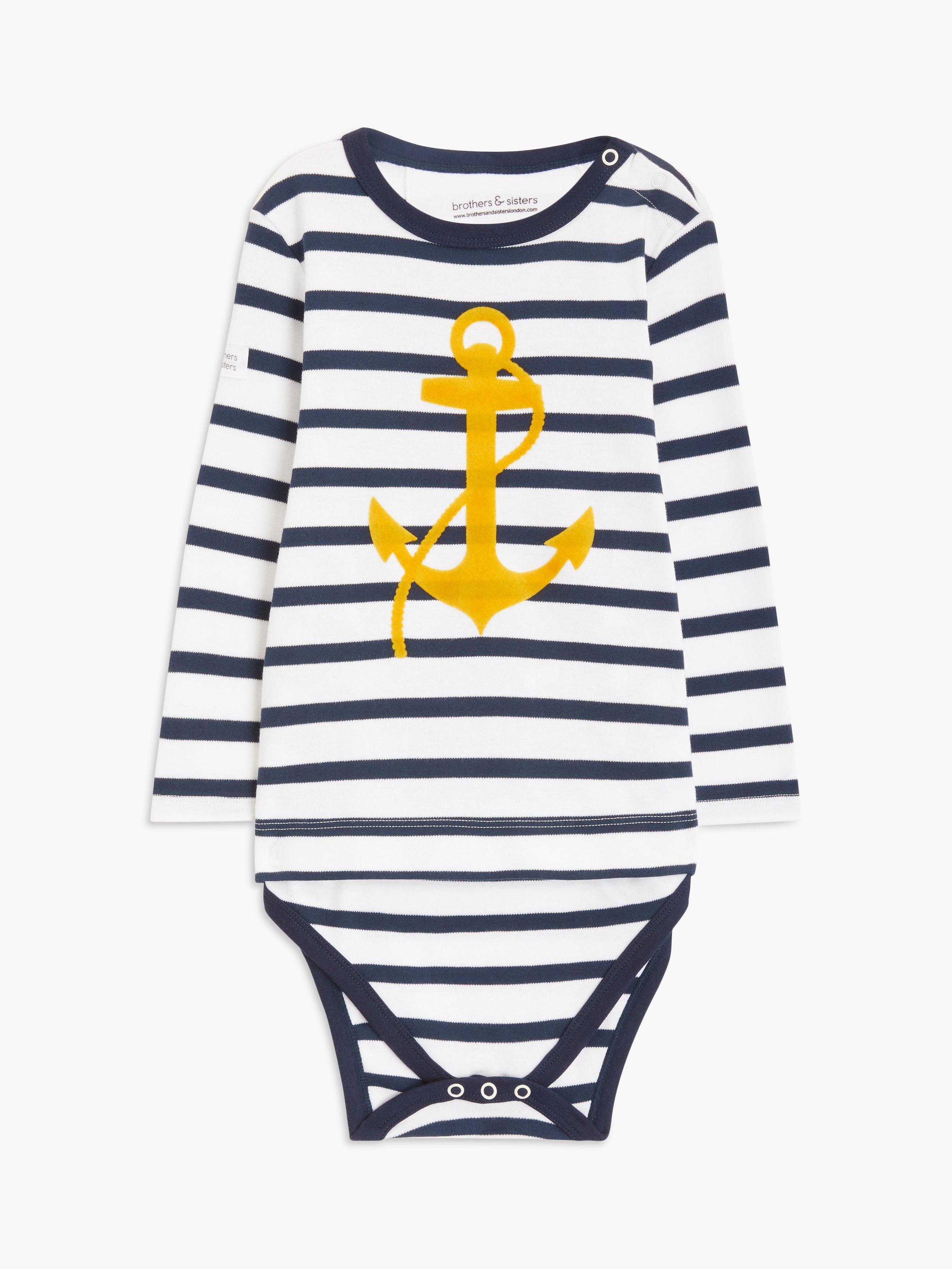 Brothers & Sisters Kids' Organic Cotton Breton Anchor Stripe Unisex Tee, White/Navy