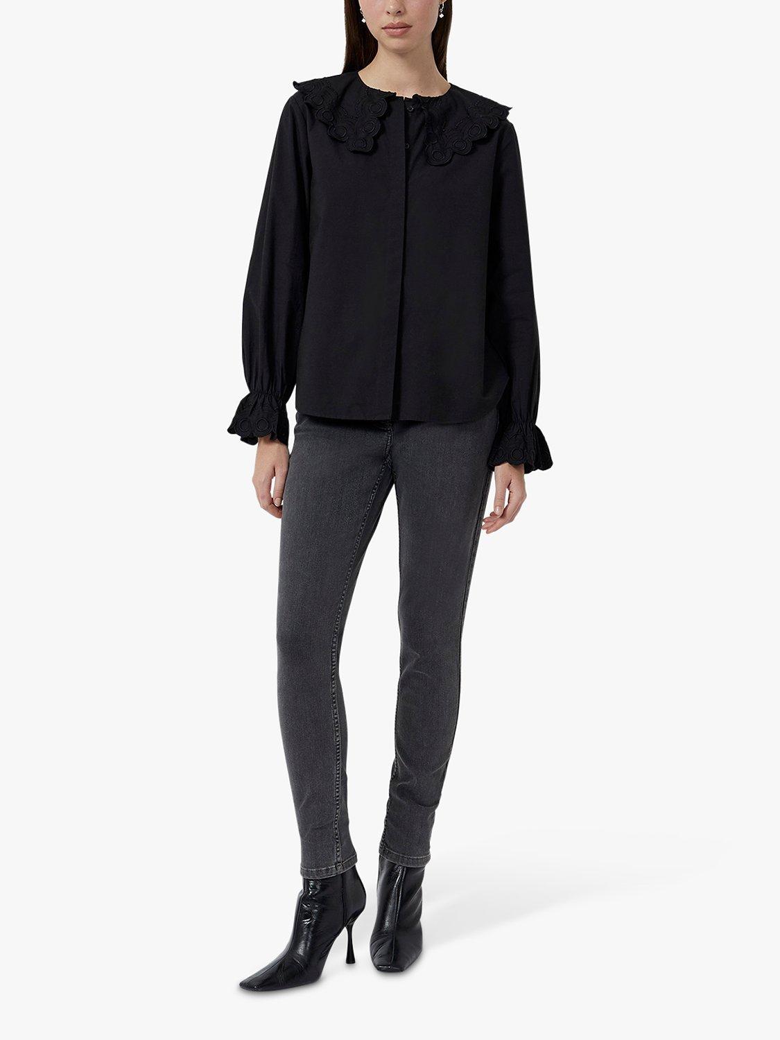 Great Plains Embroidered Collar Cotton Blouse, Black