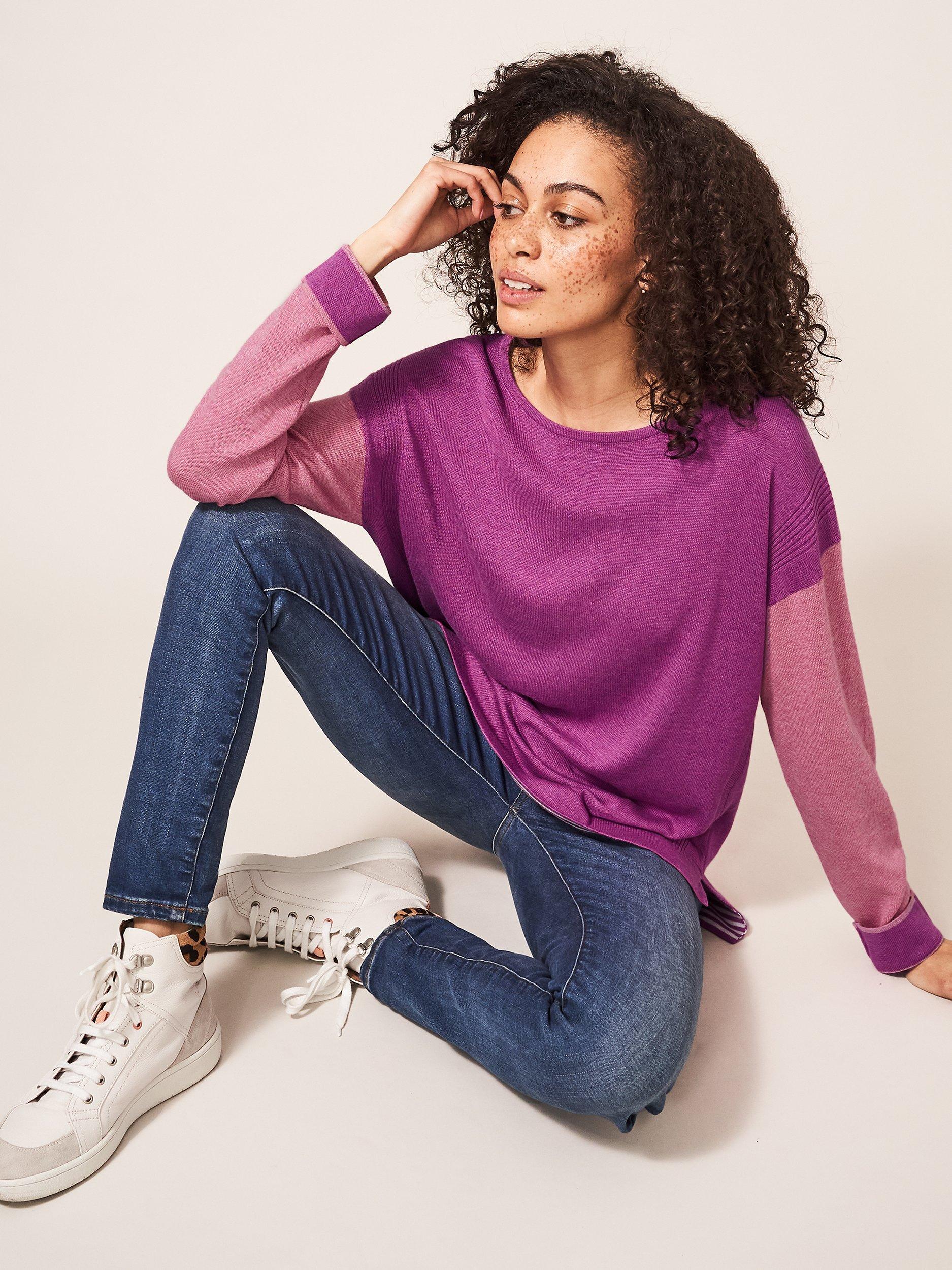 White Stuff Olivia Colour Block Crew Neck Jumper, Bright Pink, 8