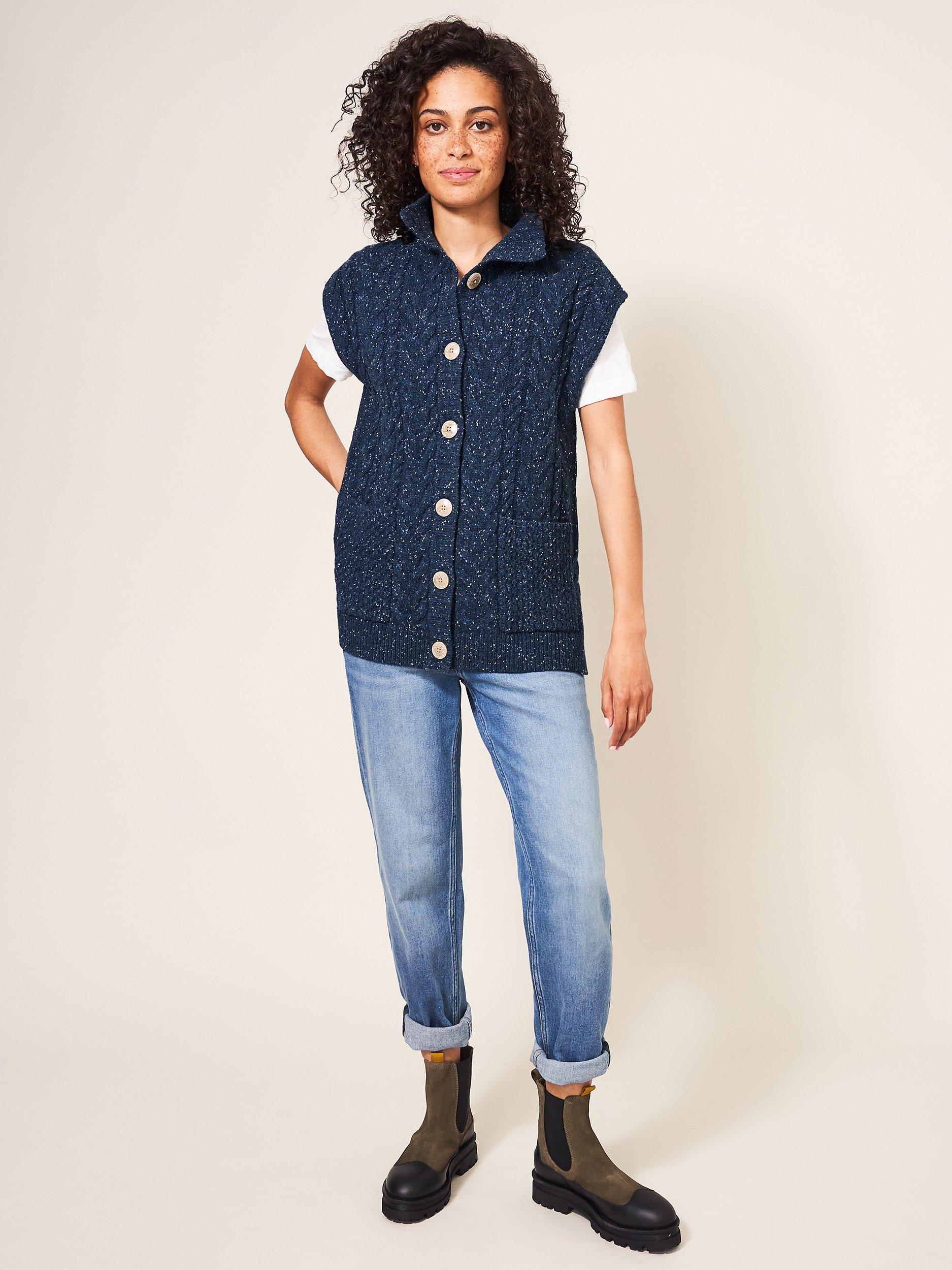 White Stuff Chestnut Cable Knit Sleeveless Cardigan, Dark Navy
